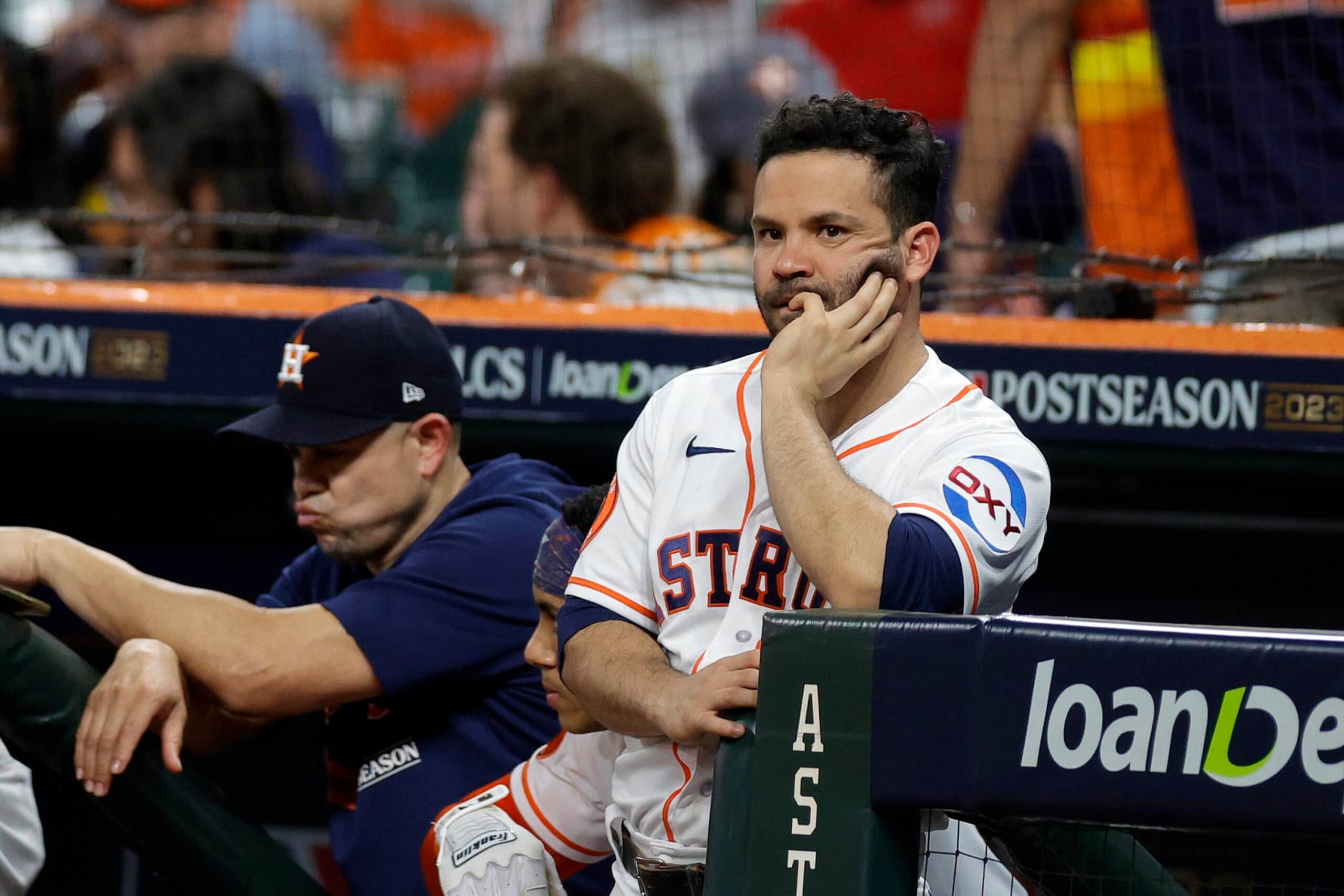 HOUSTON, TEXAS - OCTOBER 23: Jose Altuve #27 of the Houston Astros looks on from the dugout against the Texas Rangers during the eighth inning in Game Seven of the American League Championship Series at Minute Maid Park on October 23, 2023 in Houston, Texas. (Photo by Carmen Mandato/Getty Images) HOUSTON, TEXAS - OCTOBER 23: Jose Altuve #27 of the Houston Astros looks on from the dugout against the Texas Rangers during the eighth inning in Game Seven of the American League Championship Series at Minute Maid Park on October 23, 2023 in Houston, Texas. (Photo by Carmen Mandato/Getty Images)