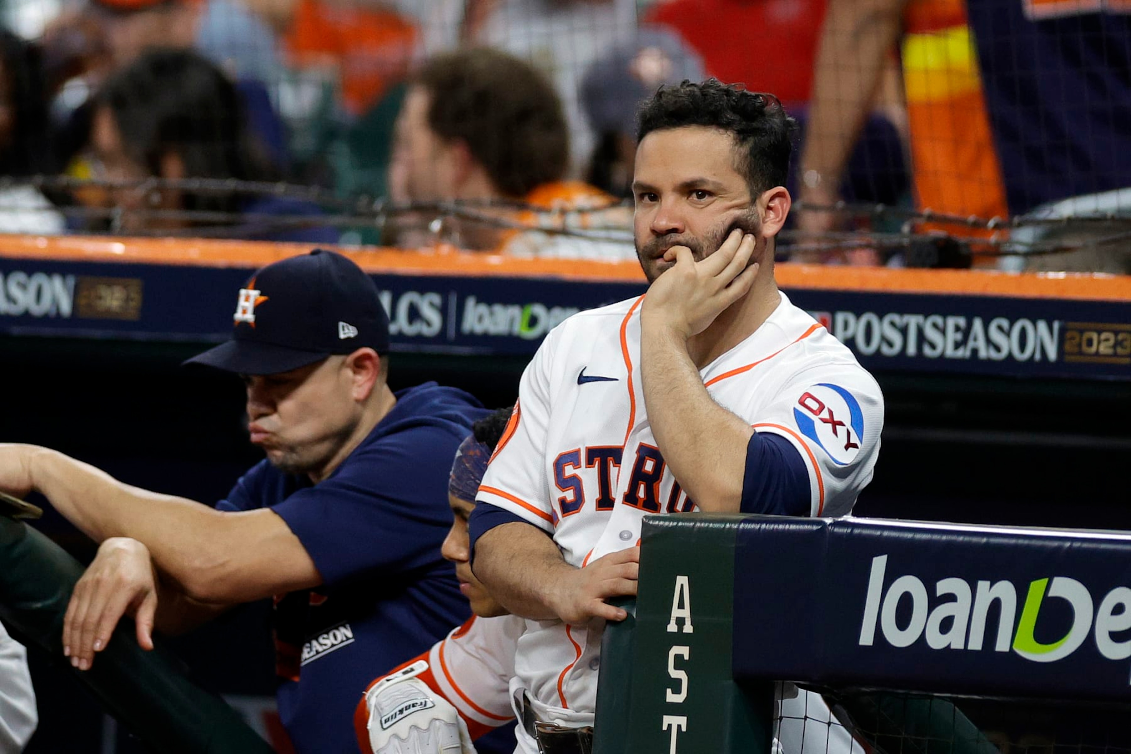 HOUSTON, TEXAS - OCTOBER 23: Jose Altuve #27 of the Houston Astros looks on from the dugout against the Texas Rangers during the eighth inning in Game Seven of the American League Championship Series at Minute Maid Park on October 23, 2023 in Houston, Texas. (Photo by Carmen Mandato/Getty Images) HOUSTON, TEXAS - OCTOBER 23: Jose Altuve #27 of the Houston Astros looks on from the dugout against the Texas Rangers during the eighth inning in Game Seven of the American League Championship Series at Minute Maid Park on October 23, 2023 in Houston, Texas. (Photo by Carmen Mandato/Getty Images)
