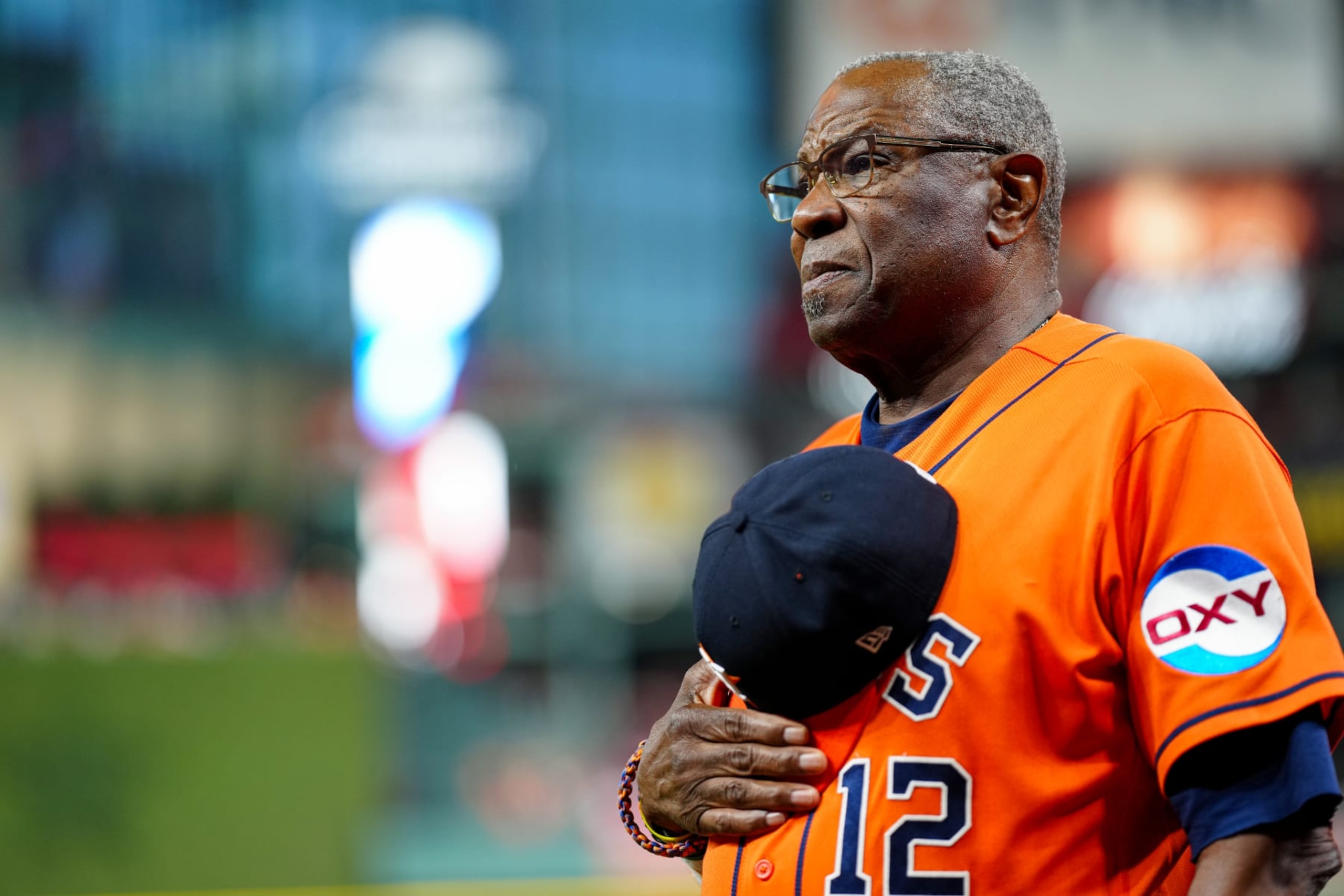 HOUSTON, TX - OCTOBER 22: Manager Dusty Baker #12 of the Houston Astros looks on during the national anthem prior to Game 6 of the ALCS between the Texas Rangers and the Houston Astros at Minute Maid Park on Sunday, October 22, 2023 in Houston, Texas. (Photo by Daniel Shirey/MLB Photos via Getty Images)