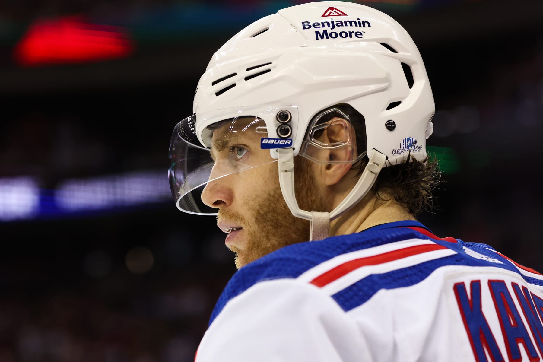 NEWARK, NJ - APRIL 27: New York Rangers right wing Patrick Kane (88) looks on during the National Hockey League game between the New York Rangers and the New Jersey Devils on April 27, 2023 at Prudential Center in Newark, NJ. (Photo by Andrew Mordzynski/Icon Sportswire via Getty Images)