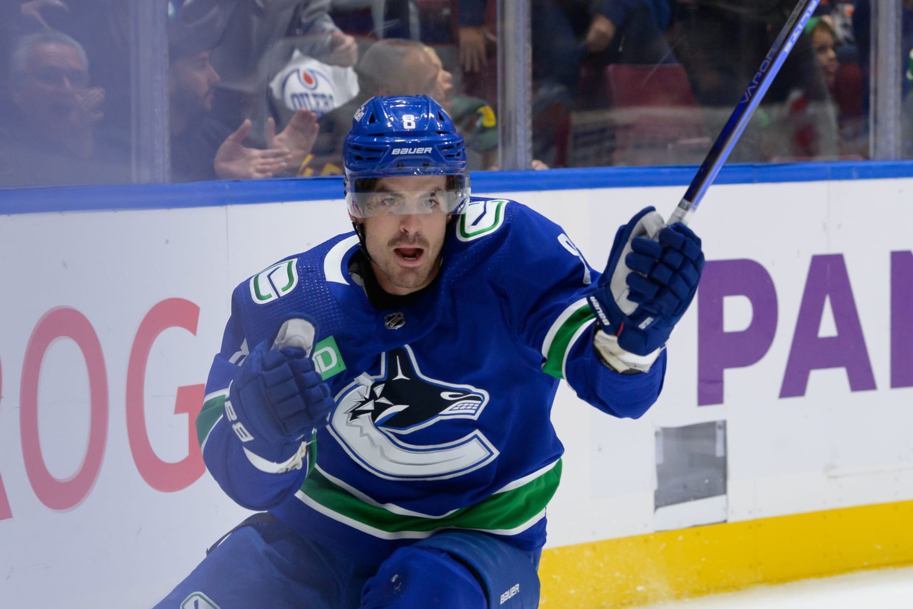VANCOUVER, CANADA - OCTOBER 11: Conor Garland #8 of the Vancouver Canucks celebrates after scoring a goal during the first period of their NHL game against the Edmonton Oilers at Rogers Arena on October 11, 2023 in Vancouver, British Columbia, Canada. (Photo by Derek Cain/Getty Images)