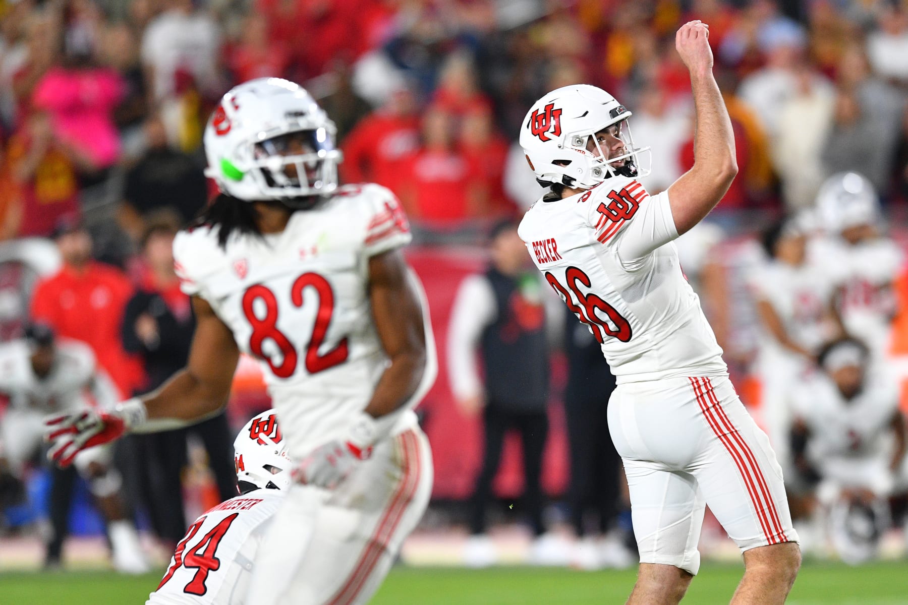 LOS ANGELES, CA - OCTOBER 21: Utah Utes kicker Cole Becker kicks the game winning field goal as time expires in a game between the Utah Utes and the USC Trojans on October 21, 2023, at Los Angeles Memorial Coliseum in Los Angeles, CA. (Photo by Brian Rothmuller/Icon Sportswire via Getty Images)