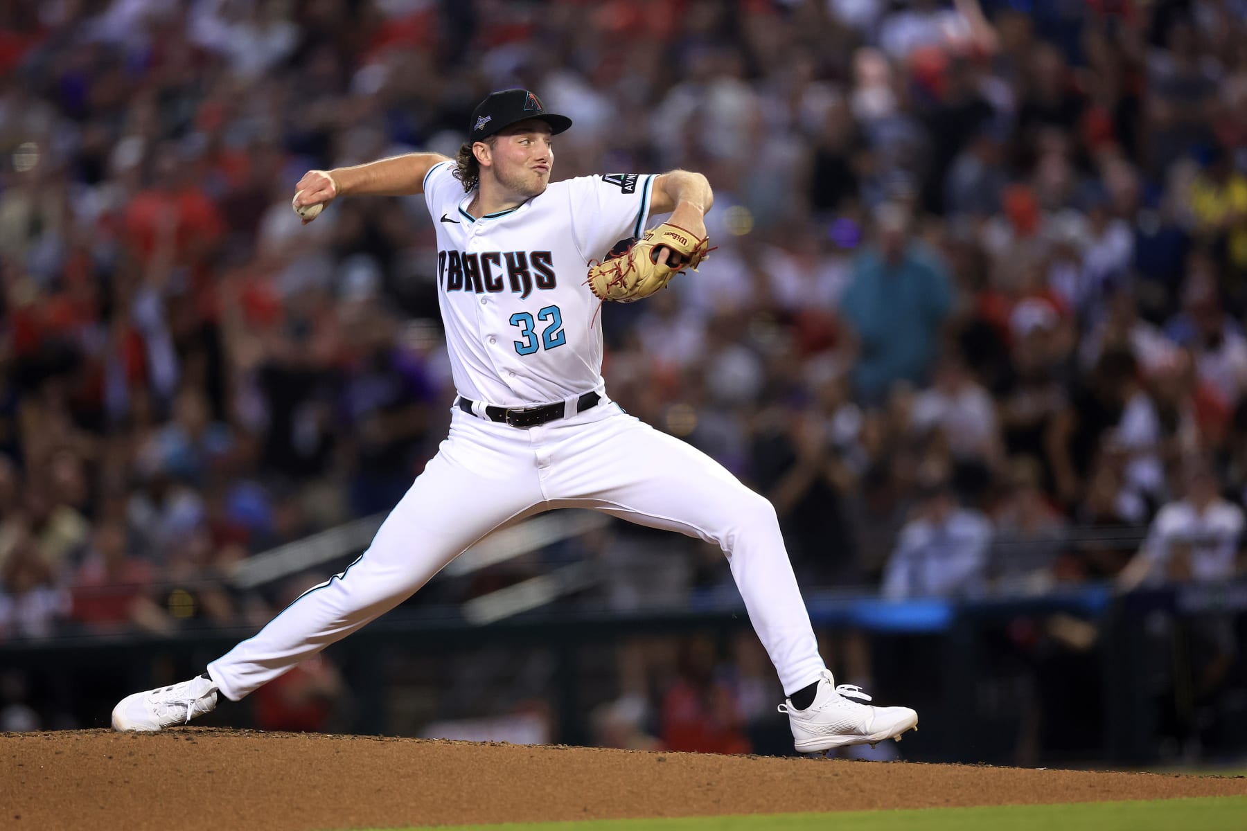 PHOENIX, ARIZONA - OCTOBER 19: Brandon Pfaadt #32 of the Arizona Diamondbacks throws a pitch against the Philadelphia Phillies during the third inning in Game Three of the National League Championship Series at Chase Field on October 19, 2023 in Phoenix, Arizona. (Photo by Sean M. Haffey/Getty Images)