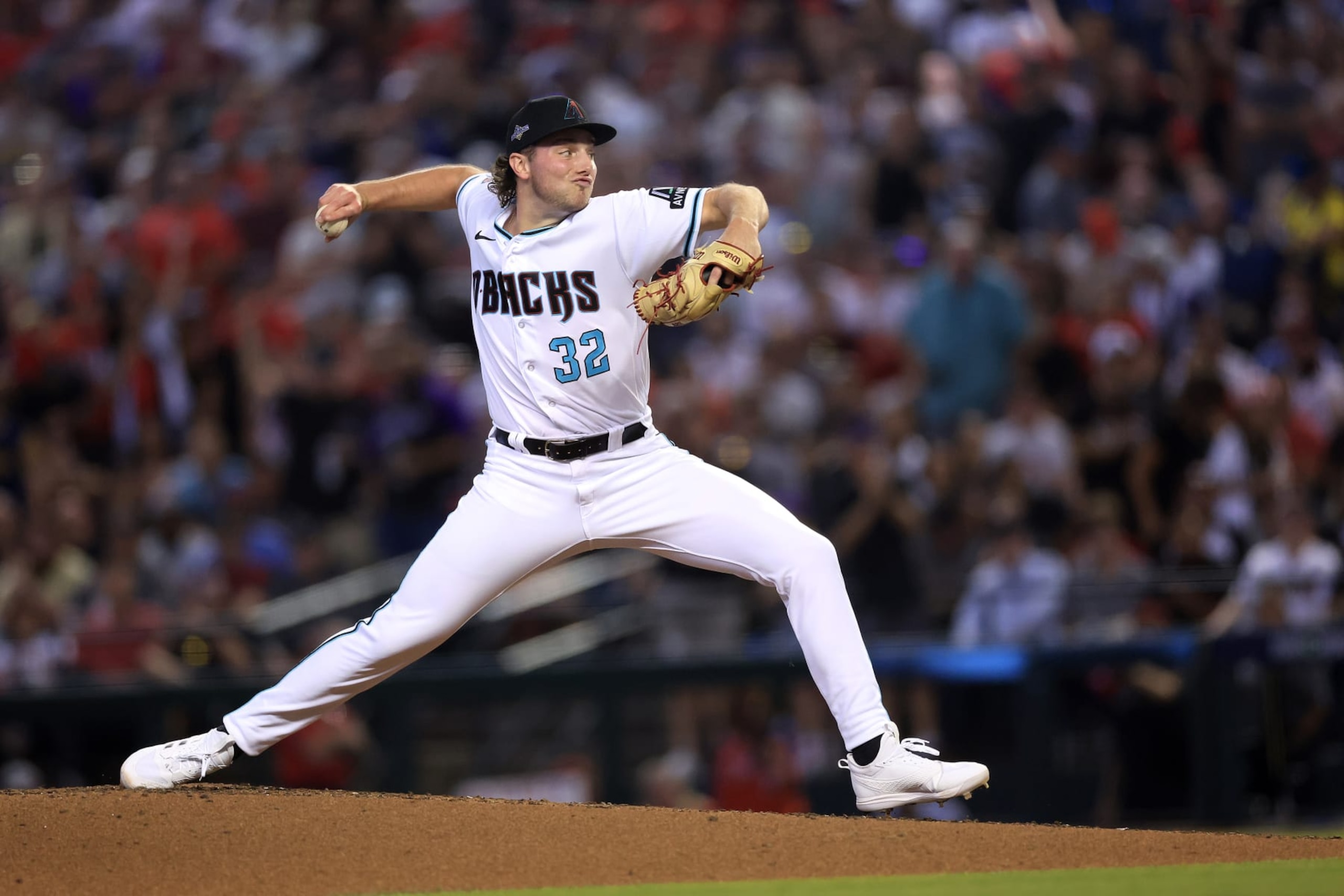 PHOENIX, ARIZONA - OCTOBER 19: Brandon Pfaadt #32 of the Arizona Diamondbacks throws a pitch against the Philadelphia Phillies during the third inning in Game Three of the National League Championship Series at Chase Field on October 19, 2023 in Phoenix, Arizona. (Photo by Sean M. Haffey/Getty Images)