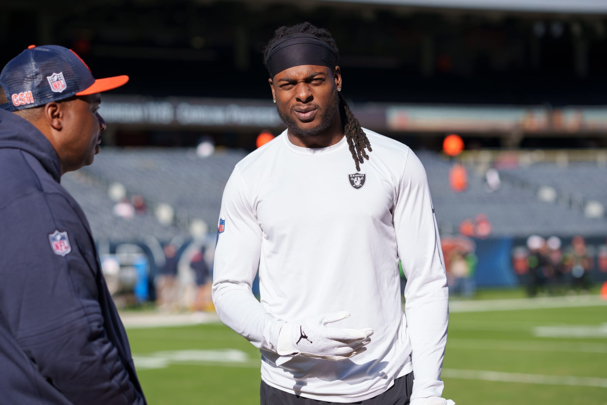 CHICAGO, IL - OCTOBER 22:  Wide receiver Davante Adams #17 of the Las Vegas Raiders warms up on the field prior to an NFL football game against the Chicago Bears at Soldier Field on October 22, 2023 in Chicago, Illinois. (Photo by Todd Rosenberg/Getty Images)