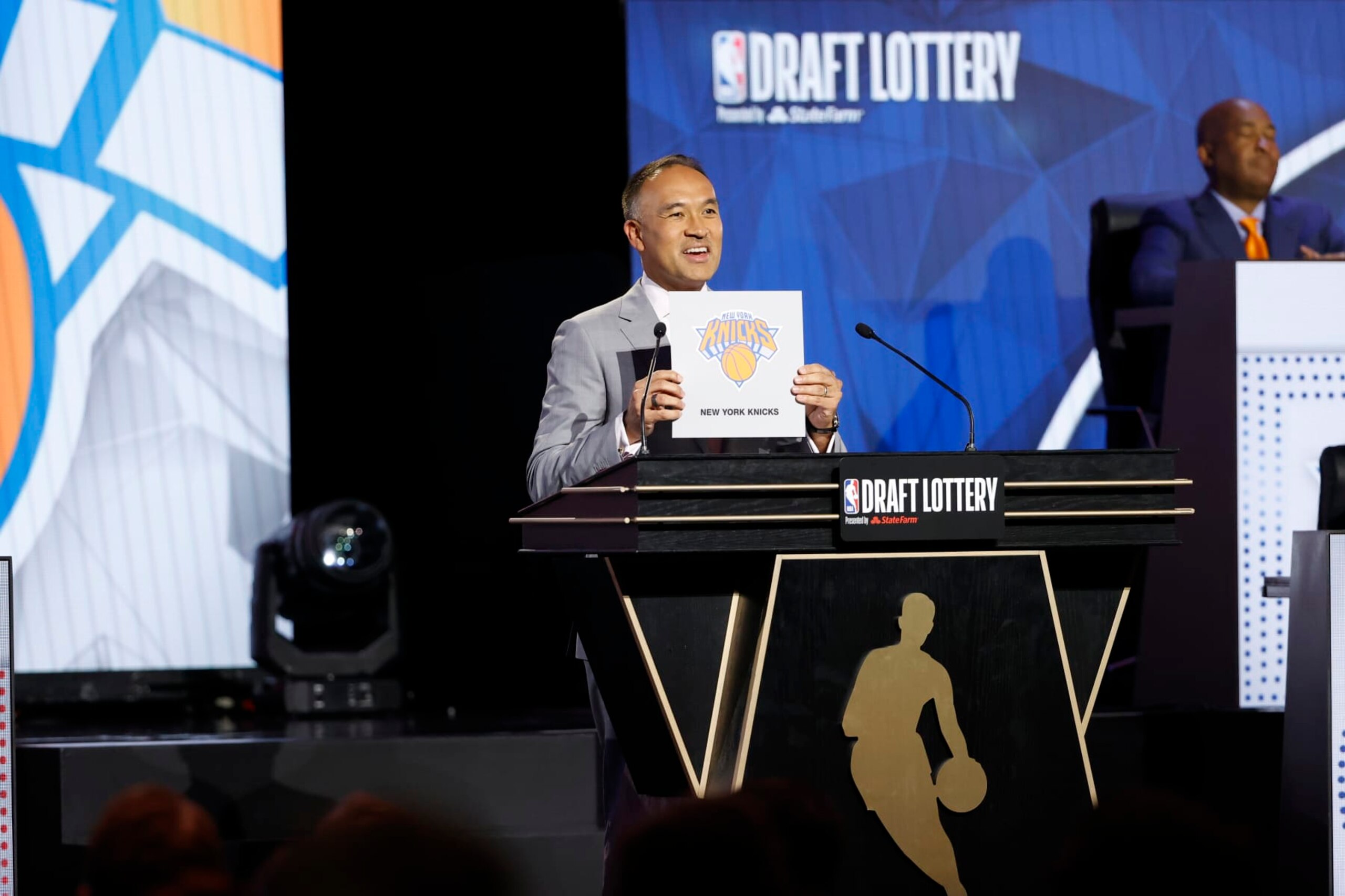 CHICAGO,IL - MAY 17: Deputy Commissioner of the NBA, Mark Tatum announces the New York Knicks as the 11th overall pick for the NBA Draft  during the 2022 NBA Draft Lottery at McCormick Place on May 17, 2022 in Chicago, Illinois. NOTE TO USER: User expressly acknowledges and agrees that, by downloading and or using this photograph, User is consenting to the terms and conditions of the Getty Images License Agreement. Mandatory Copyright Notice: Copyright 2022 NBAE (Photo by Kamil Krzaczynski/NBAE via Getty Images)