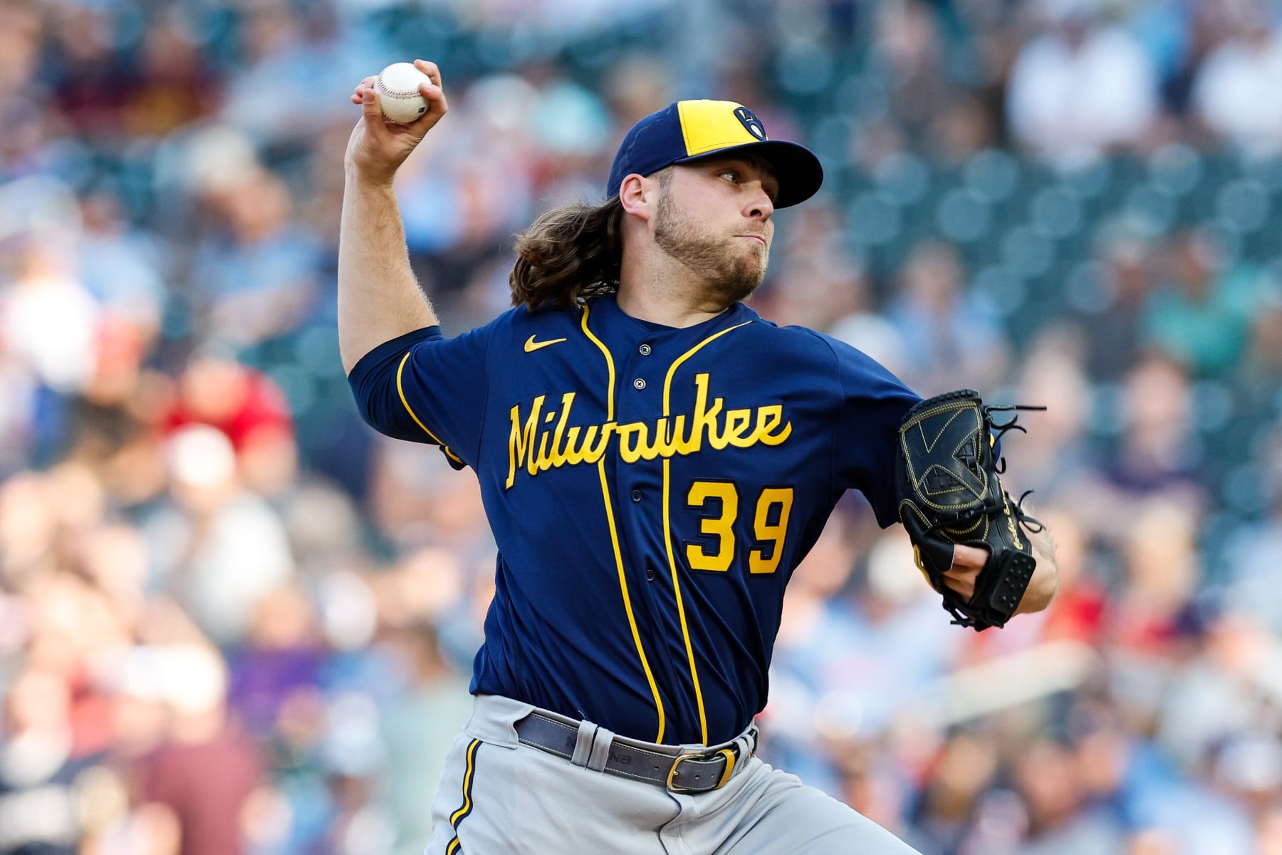 MINNEAPOLIS, MN - JUNE 13: Corbin Burnes #39 of the Milwaukee Brewers delivers a pitch against the Milwaukee Brewers in the first inning at Target Field on June 13, 2023 in Minneapolis, Minnesota. The Twins defeated the Brewers 7-5. (Photo by David Berding/Getty Images)