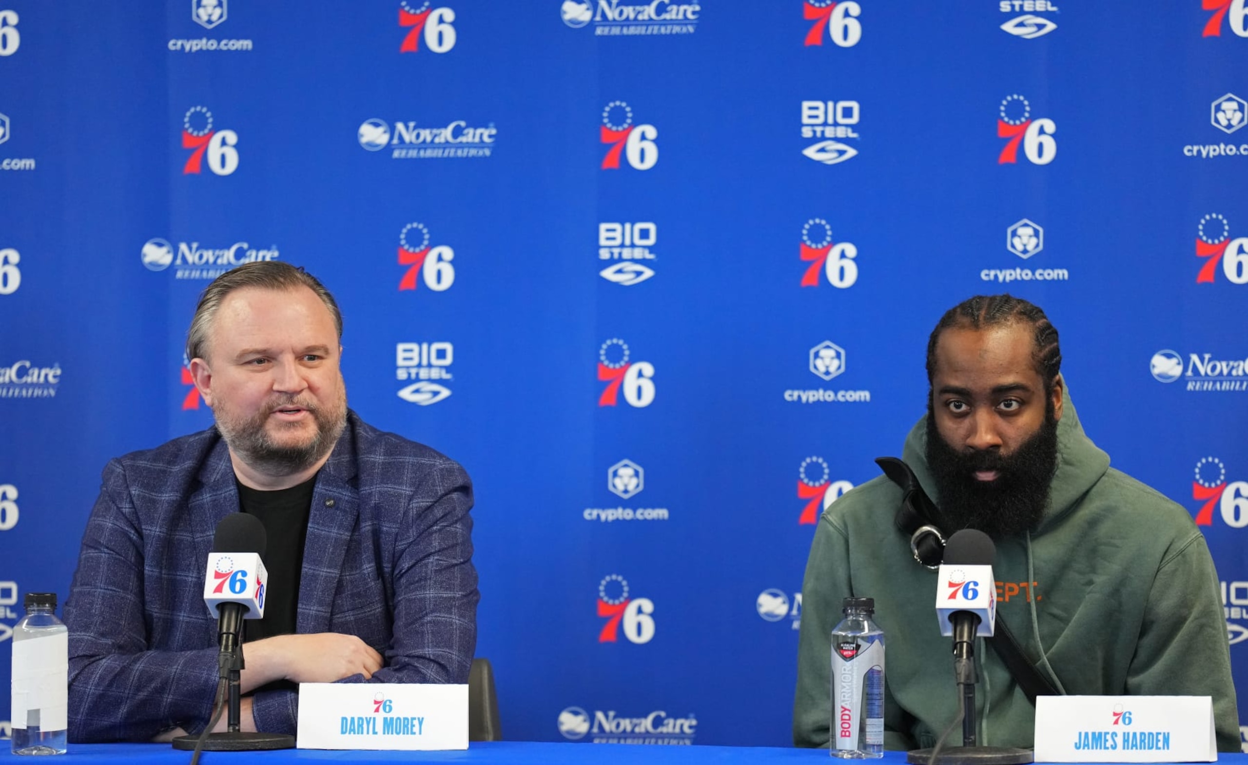 CAMDEN, NJ - FEBRUARY 15: Daryl Morey, President of Basketball Operations and James Harden #1 of the Philadelphia 76ers speak to the media during a press conference on February 15, 2022 at Philadelphia 76ers Training Complex in Camden, New Jersey. NOTE TO USER: User expressly acknowledges and agrees that, by downloading and/or using this Photograph, user is consenting to the terms and conditions of the Getty Images License Agreement. Mandatory Copyright Notice: Copyright 2022 NBAE (Photo by Jesse D. Garrabrant/NBAE via Getty Images)