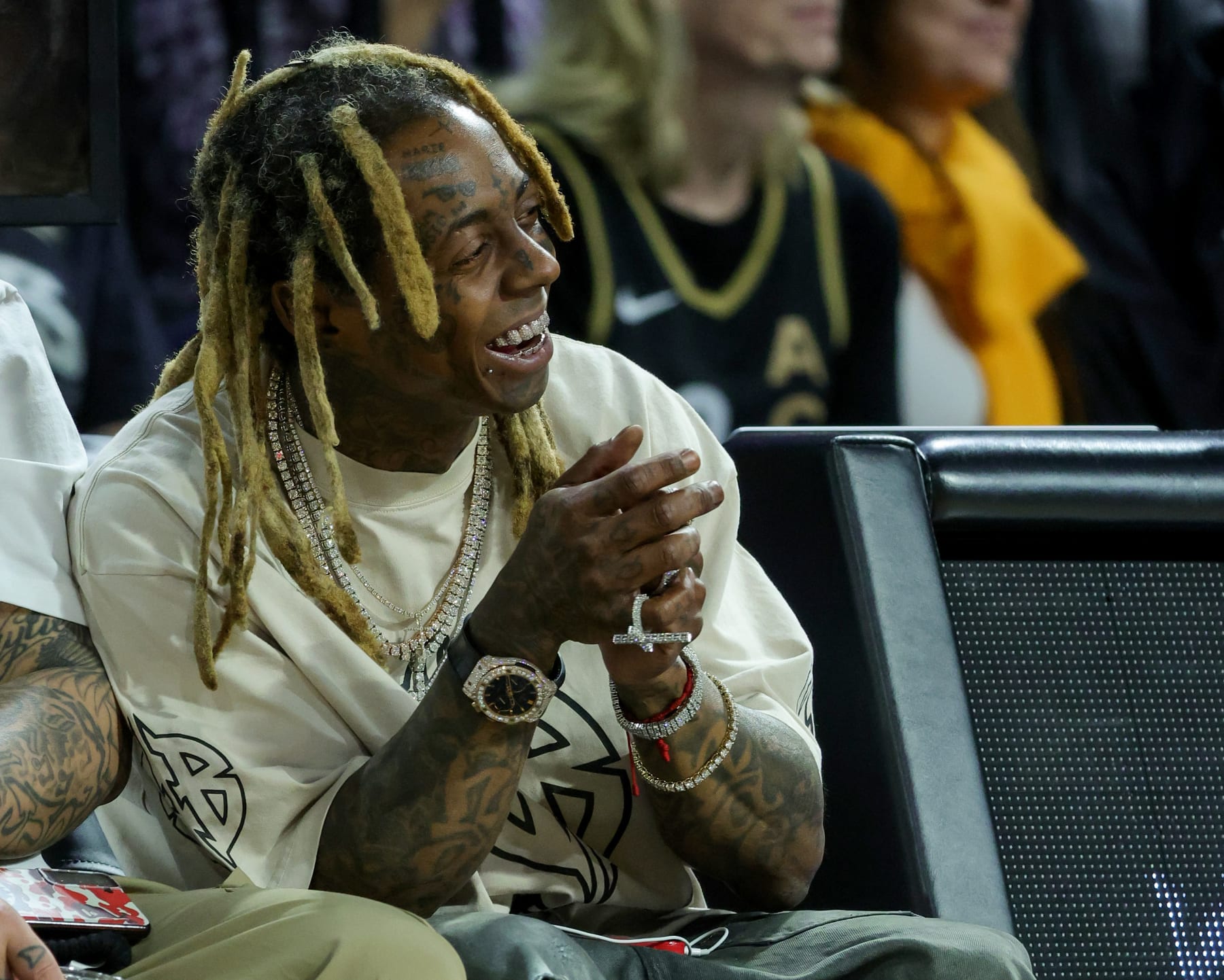 LAS VEGAS, NEVADA - SEPTEMBER 26: Rapper Lil Wayne attends Game Two of the 2023 WNBA Playoffs semifinals between the Dallas Wings and the Las Vegas Aces at Michelob ULTRA Arena on September 26, 2023 in Las Vegas, Nevada. The Aces defeated the Wings 91-84. NOTE TO USER: User expressly acknowledges and agrees that, by downloading and or using this photograph, User is consenting to the terms and conditions of the Getty Images License Agreement. (Photo by Ethan Miller/Getty Images)