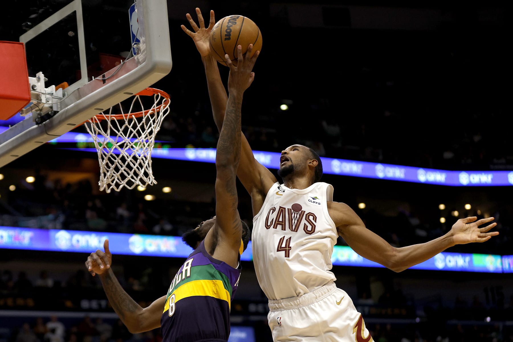 NEW ORLEANS, LOUISIANA - FEBRUARY 10: Evan Mobley #4 of the Cleveland Cavaliers blocks the shoot of Naji Marshall #8 of the New Orleans Pelicans during the second quarter of an NBA game at Smoothie King Center on February 10, 2023 in New Orleans, Louisiana. NOTE TO USER: User expressly acknowledges and agrees that, by downloading and or using this photograph, User is consenting to the terms and conditions of the Getty Images License Agreement. (Photo by Sean Gardner/Getty Images)