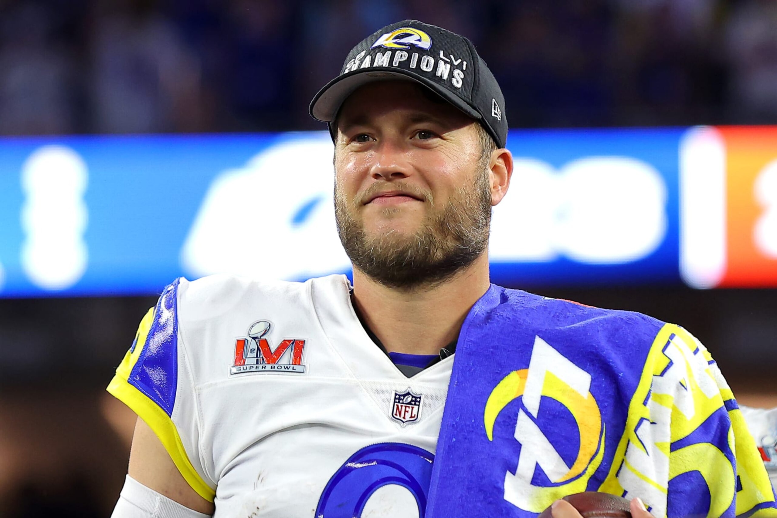 INGLEWOOD, CALIFORNIA - FEBRUARY 13: Matthew Stafford #9 of the Los Angeles Rams celebrates after Super Bowl LVI at SoFi Stadium on February 13, 2022 in Inglewood, California. The Los Angeles Rams defeated the Cincinnati Bengals 23-20. (Photo by Kevin C. Cox/Getty Images) INGLEWOOD, CALIFORNIA - FEBRUARY 13: Matthew Stafford #9 of the Los Angeles Rams celebrates after Super Bowl LVI at SoFi Stadium on February 13, 2022 in Inglewood, California. The Los Angeles Rams defeated the Cincinnati Bengals 23-20. (Photo by Kevin C. Cox/Getty Images)