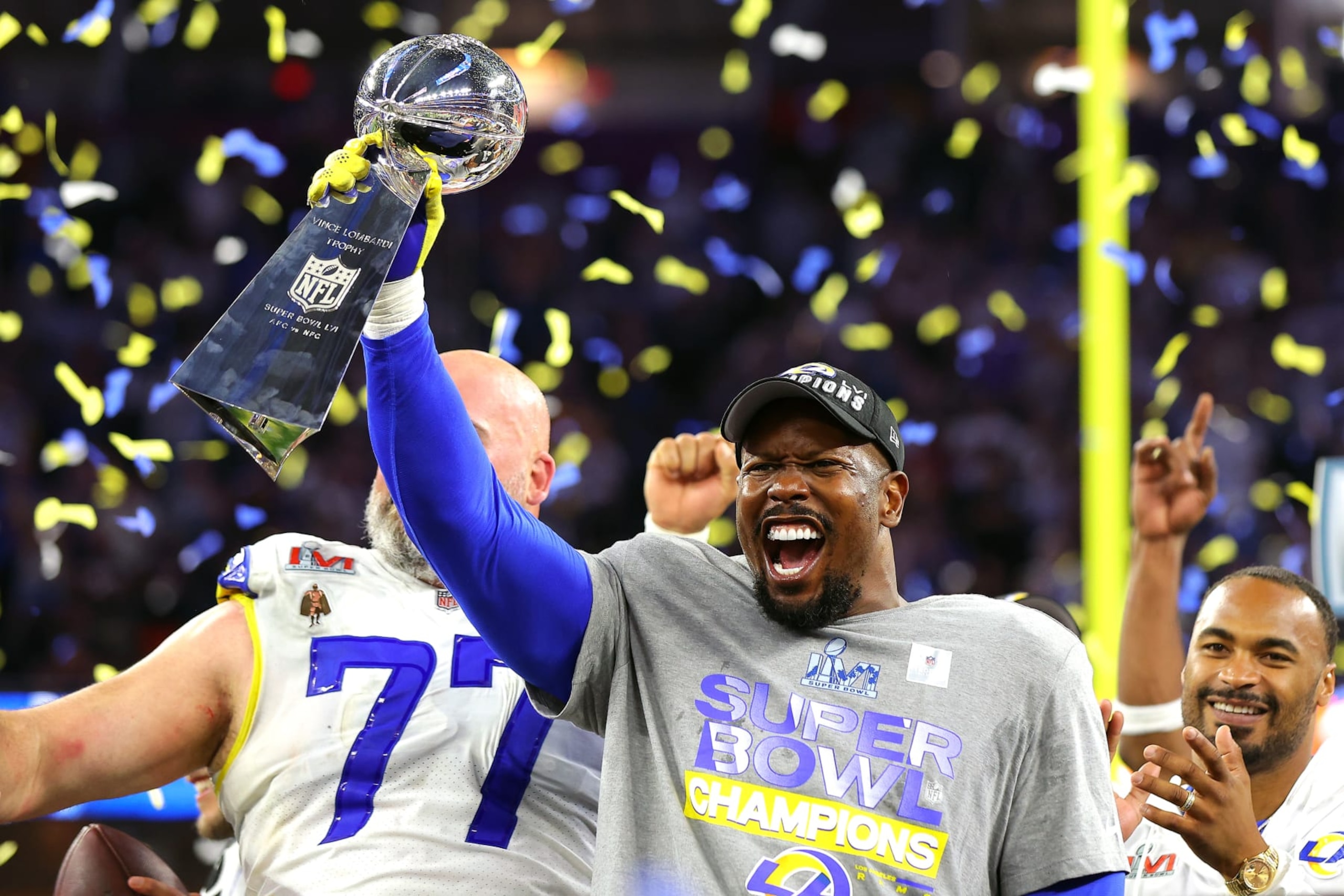 INGLEWOOD, CALIFORNIA - FEBRUARY 13: Von Miller #40 of the Los Angeles Rams holds up the Vince Lombardi Trophy after Super Bowl LVI at SoFi Stadium on February 13, 2022 in Inglewood, California. The Los Angeles Rams defeated the Cincinnati Bengals 23-20. (Photo by Kevin C. Cox/Getty Images) INGLEWOOD, CALIFORNIA - FEBRUARY 13: Von Miller #40 of the Los Angeles Rams holds up the Vince Lombardi Trophy after Super Bowl LVI at SoFi Stadium on February 13, 2022 in Inglewood, California. The Los Angeles Rams defeated the Cincinnati Bengals 23-20. (Photo by Kevin C. Cox/Getty Images)