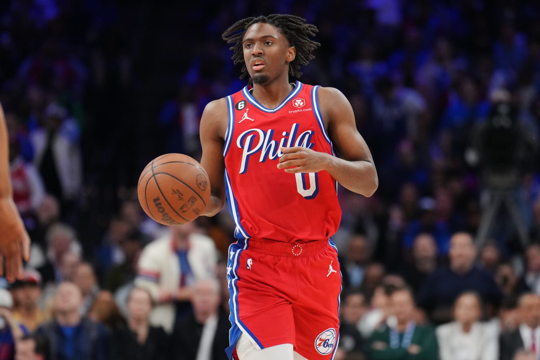 PHILADELPHIA, PA - MAY 5: Tyrese Maxey #0 of the Philadelphia 76ers dribbles the ball during Round 2 Game 3 of the Eastern Conference Semi-Finals 2023 NBA Playoffs on May 5, 2023 at the Wells Fargo Center in Philadelphia, Pennsylvania NOTE TO USER: User expressly acknowledges and agrees that, by downloading and/or using this Photograph, user is consenting to the terms and conditions of the Getty Images License Agreement. Mandatory Copyright Notice: Copyright 2023 NBAE (Photo by Jesse D. Garrabrant/NBAE via Getty Images)