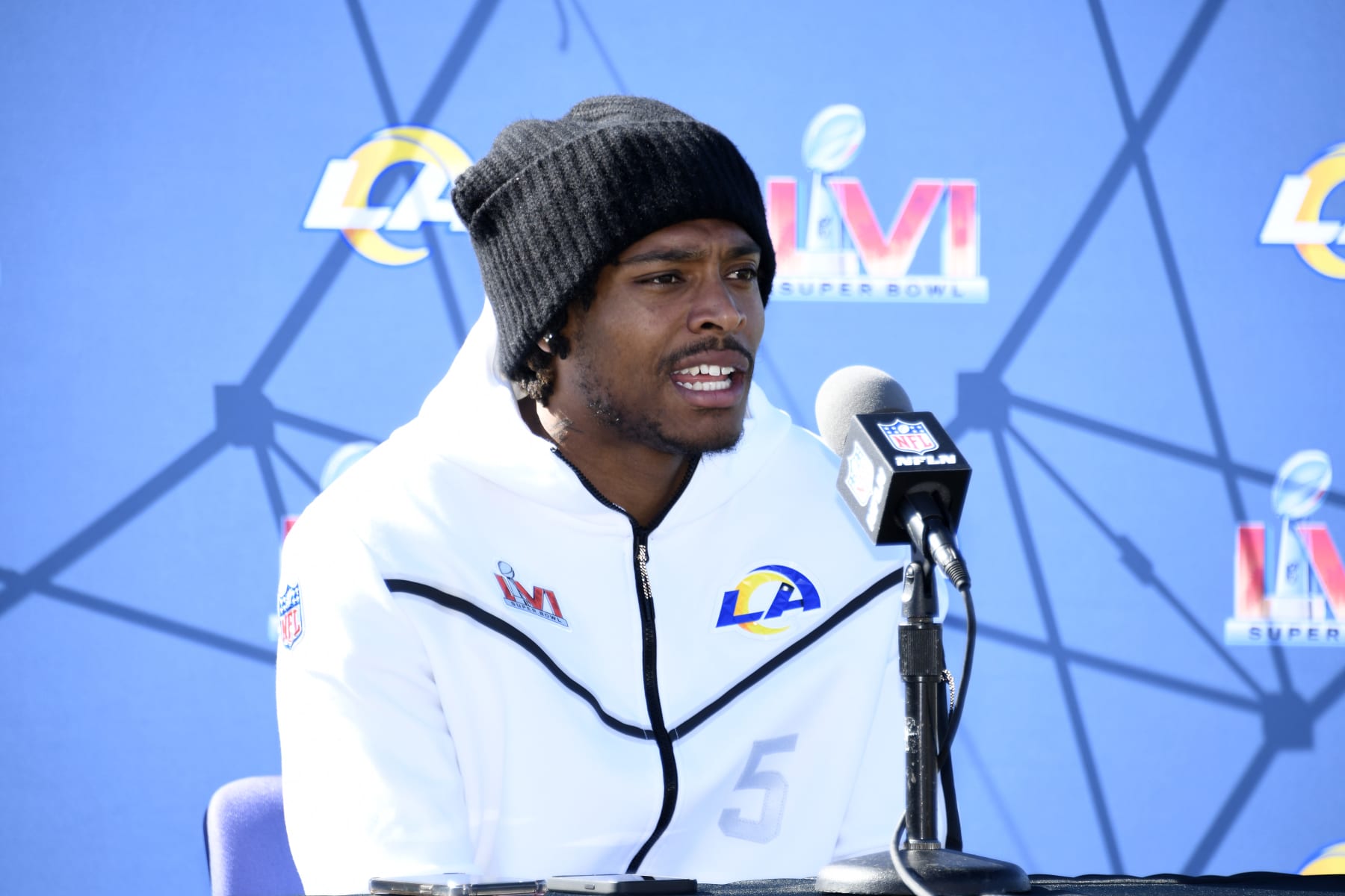 THOUSAND OAKS, CALIFORNIA - FEBRUARY 11: Jalen Ramsey #5 of the Los Angeles Rams speaks to the media during a practice for Super Bowl LVI at at California Lutheran University on February 11, 2022 in Thousand Oaks, California. (Photo by Kevork Djansezian/Getty Images)
