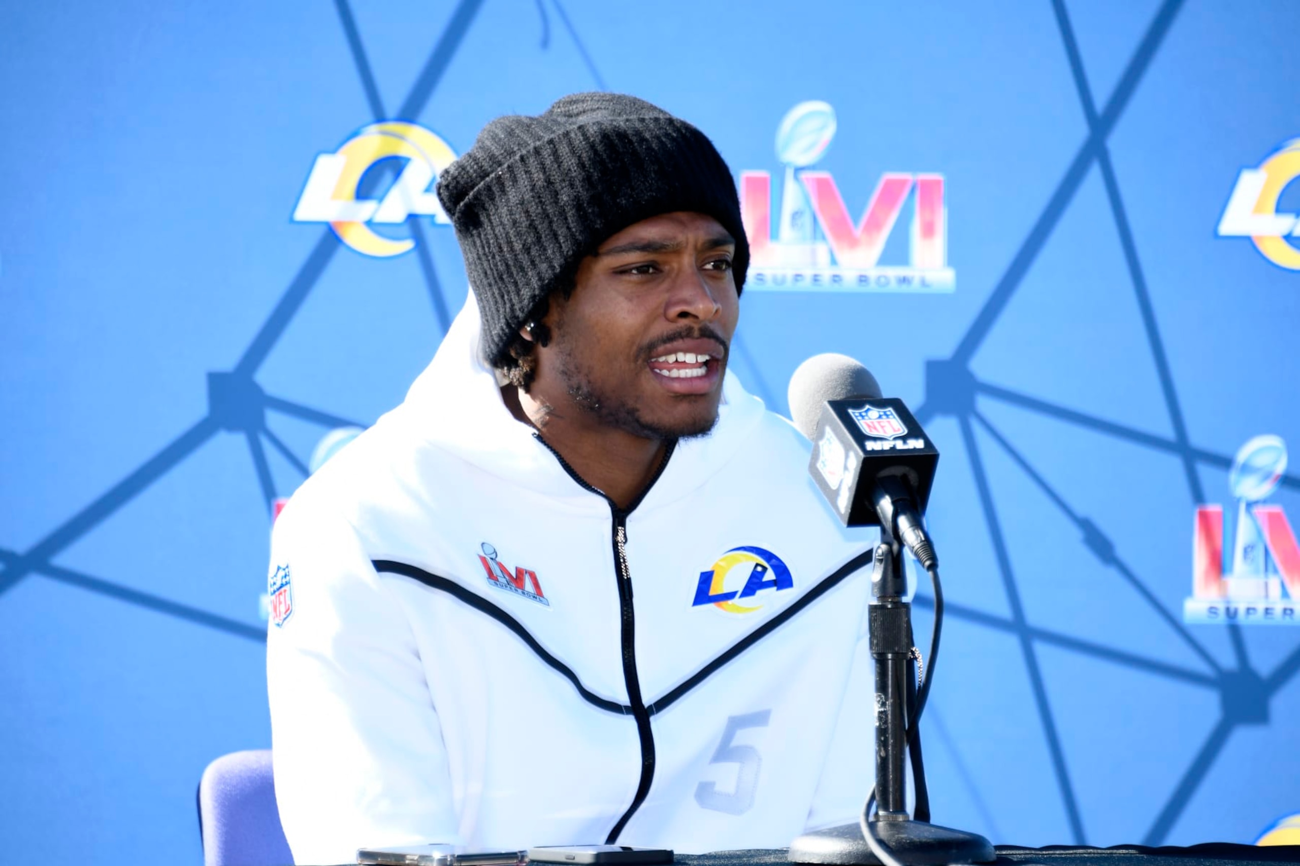 THOUSAND OAKS, CALIFORNIA - FEBRUARY 11: Jalen Ramsey #5 of the Los Angeles Rams speaks to the media during a practice for Super Bowl LVI at at California Lutheran University on February 11, 2022 in Thousand Oaks, California. (Photo by Kevork Djansezian/Getty Images) THOUSAND OAKS, CALIFORNIA - FEBRUARY 11: Jalen Ramsey #5 of the Los Angeles Rams speaks to the media during a practice for Super Bowl LVI at at California Lutheran University on February 11, 2022 in Thousand Oaks, California. (Photo by Kevork Djansezian/Getty Images)