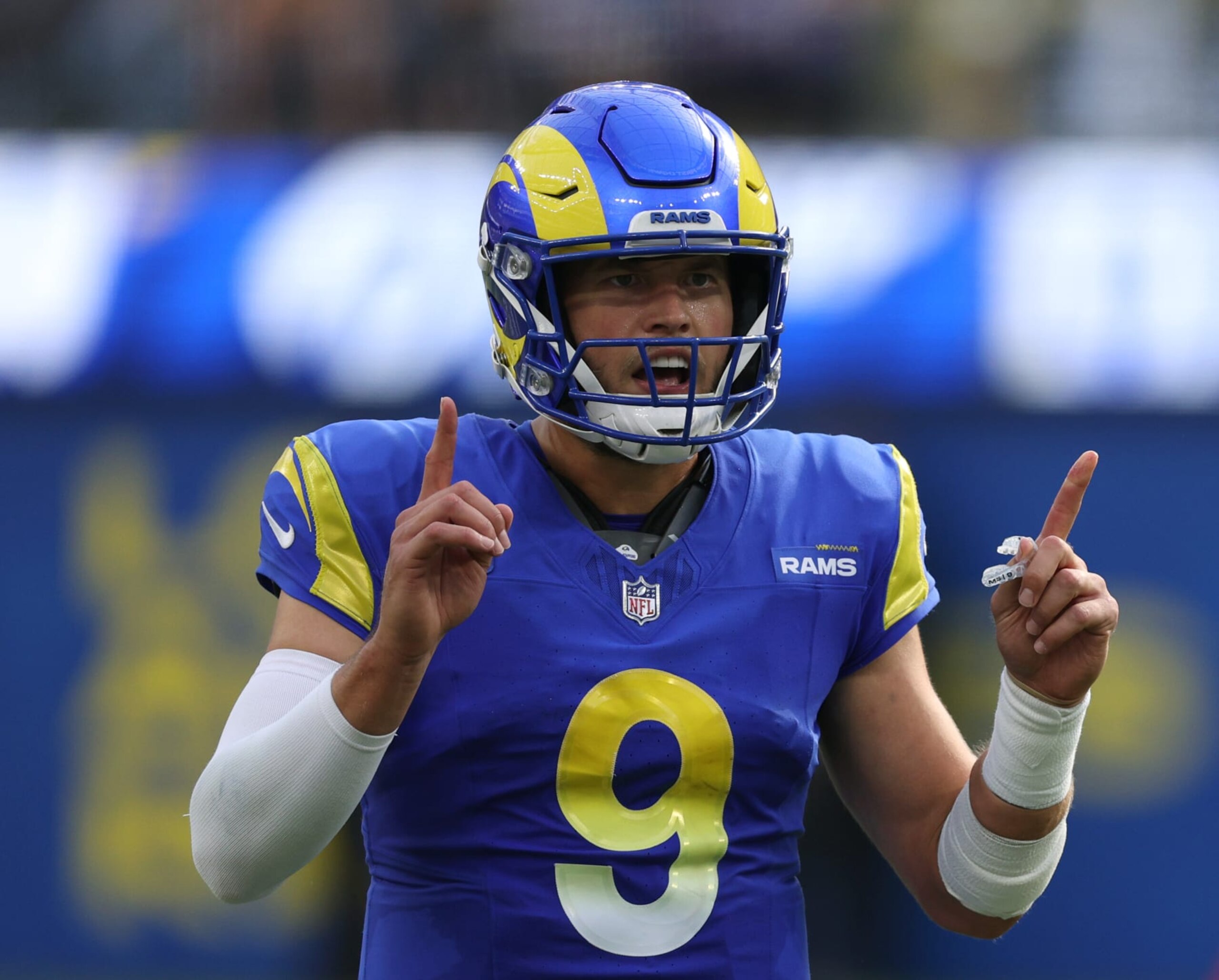 INGLEWOOD, CALIFORNIA - OCTOBER 22: Matthew Stafford #9 of the Los Angeles Rams reacts to a play by Puka Nacua #17 for a first down during a 24-17 loss to the Pittsburgh Steelers at SoFi Stadium on October 22, 2023 in Inglewood, California. (Photo by Harry How/Getty Images) INGLEWOOD, CALIFORNIA - OCTOBER 22: Matthew Stafford #9 of the Los Angeles Rams reacts to a play by Puka Nacua #17 for a first down during a 24-17 loss to the Pittsburgh Steelers at SoFi Stadium on October 22, 2023 in Inglewood, California. (Photo by Harry How/Getty Images)