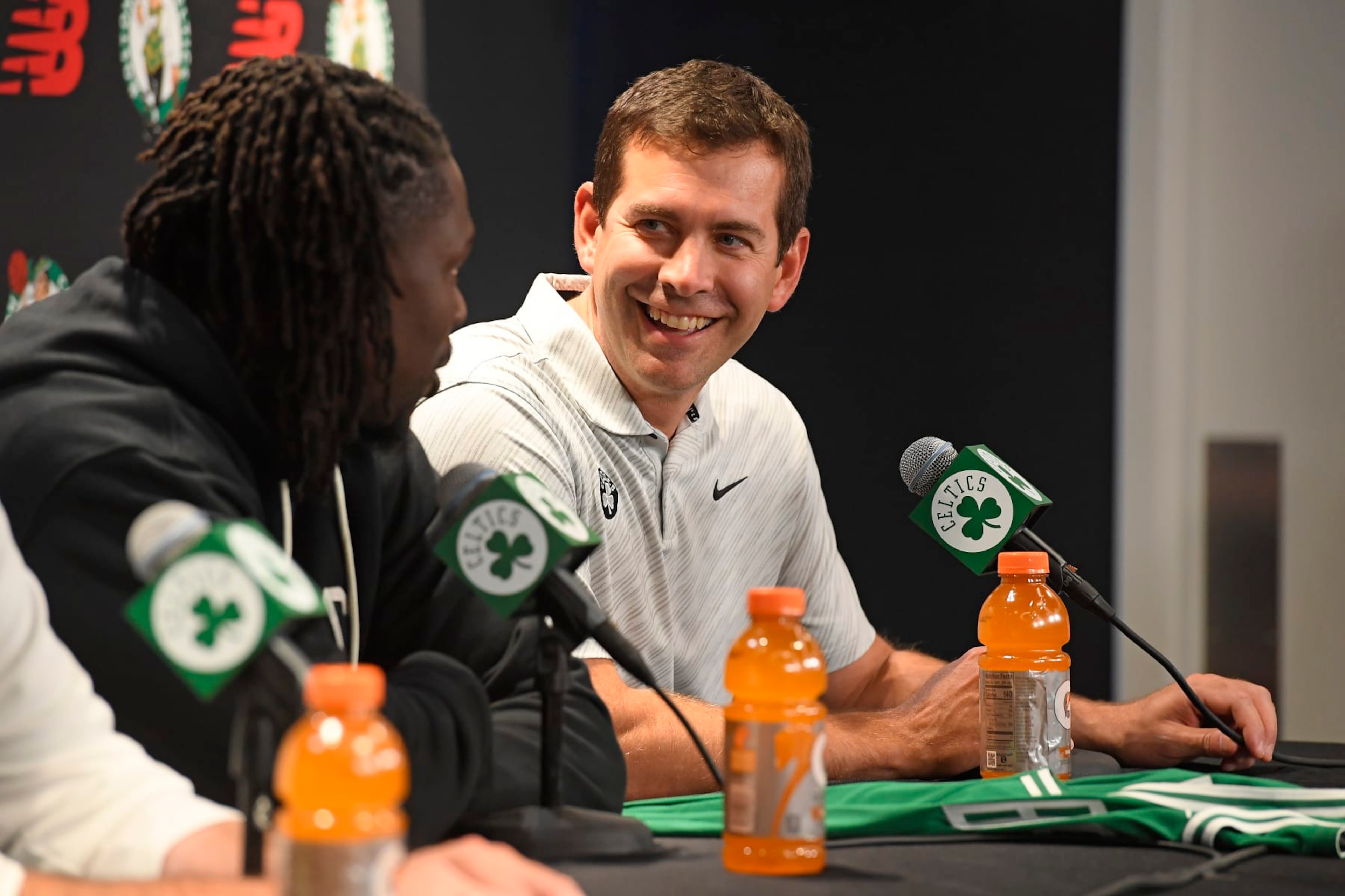 BOSTON, MA - OCTOBER 04: The Boston Celtics introduce Jrue Holiday during a press conference on October 4, 2023 at the TD Garden in Boston, Massachusetts. NOTE TO USER: User expressly acknowledges and agrees that, by downloading and or using this photograph, User is consenting to the terms and conditions of the Getty Images License Agreement. Mandatory Copyright Notice: Copyright 2023 NBAE (Photo by Brian Babineau/NBAE via Getty Images) BOSTON, MA - OCTOBER 04: The Boston Celtics introduce Jrue Holiday during a press conference on October 4, 2023 at the TD Garden in Boston, Massachusetts. NOTE TO USER: User expressly acknowledges and agrees that, by downloading and or using this photograph, User is consenting to the terms and conditions of the Getty Images License Agreement. Mandatory Copyright Notice: Copyright 2023 NBAE (Photo by Brian Babineau/NBAE via Getty Images)