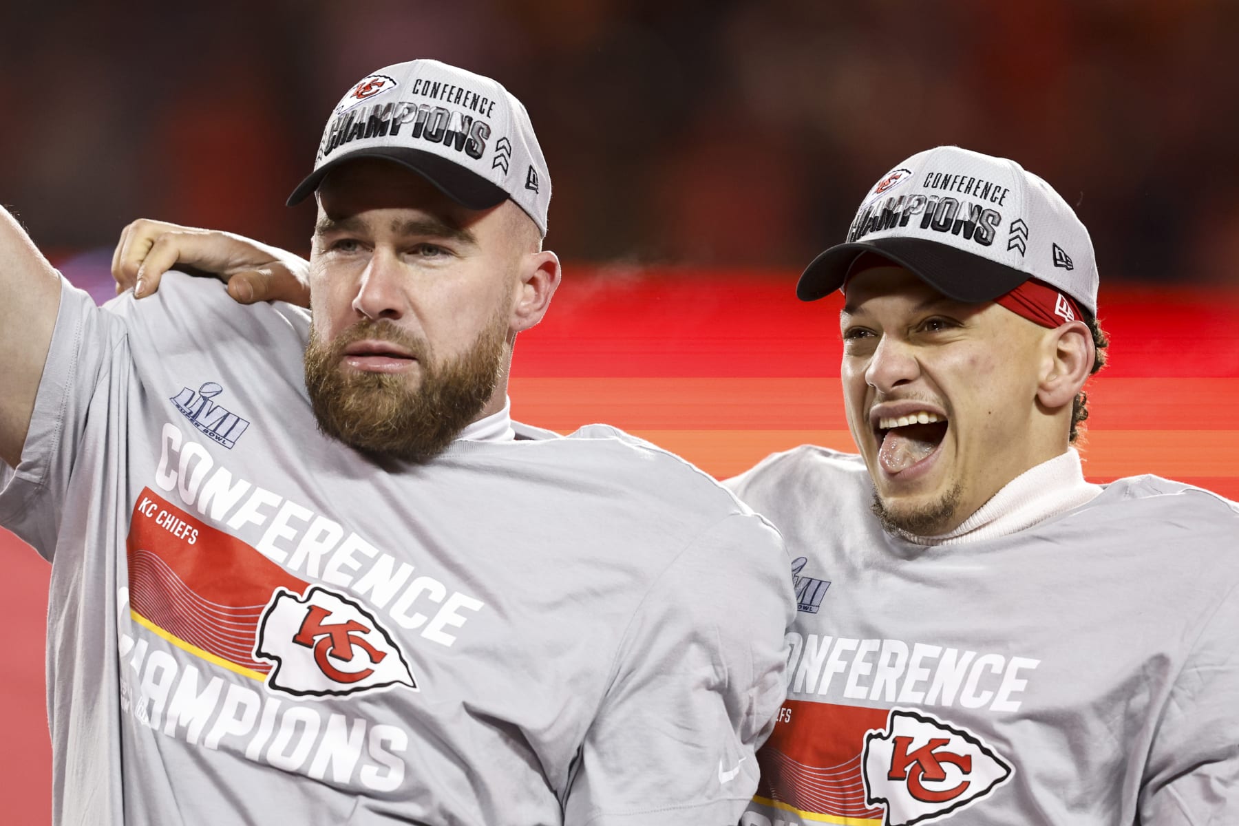 KANSAS CITY, MISSOURI - JANUARY 29: Travis Kelce #87 of the Kansas City Chiefs and Patrick Mahomes #15 of the Kansas City Chiefs celebrate with the Lamar Hunt Trophy after winning the AFC Championship NFL football game between the Kansas City Chiefs and the Cincinnati Bengals at GEHA Field at Arrowhead Stadium on January 29, 2023 in Kansas City, Missouri. (Photo by Michael Owens/Getty Images)