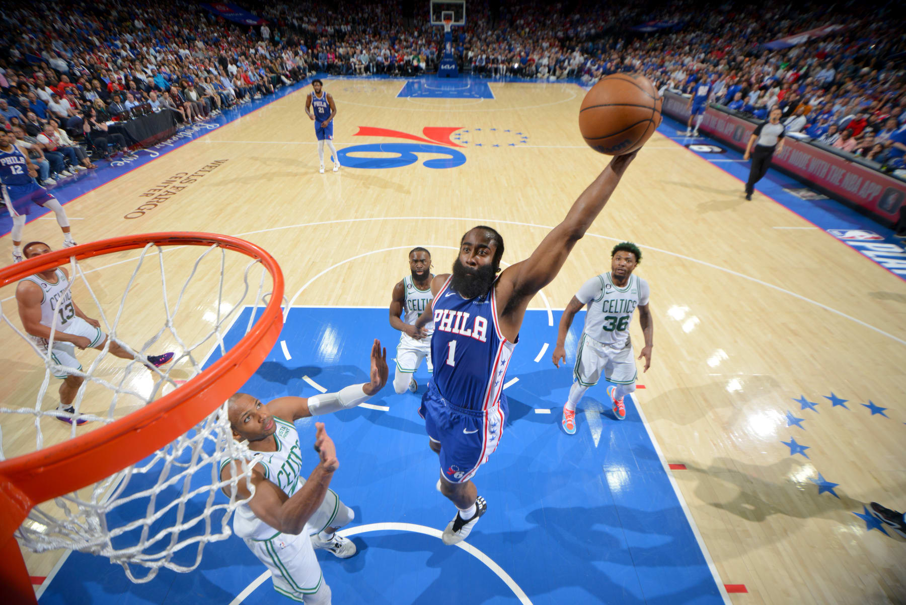 PHILADELPHIA, PA - MAY 11: James Harden #1 of the Philadelphia 76ers drives to the basket during the game against the Boston Celtics during Game 6 of the 2023 NBA Playoffs Eastern Conference semi-finals on May 11, 2023 at the Wells Fargo Center in Philadelphia, Pennsylvania NOTE TO USER: User expressly acknowledges and agrees that, by downloading and/or using this Photograph, user is consenting to the terms and conditions of the Getty Images License Agreement. Mandatory Copyright Notice: Copyright 2023 NBAE (Photo by Jesse D. Garrabrant/NBAE via Getty Images)