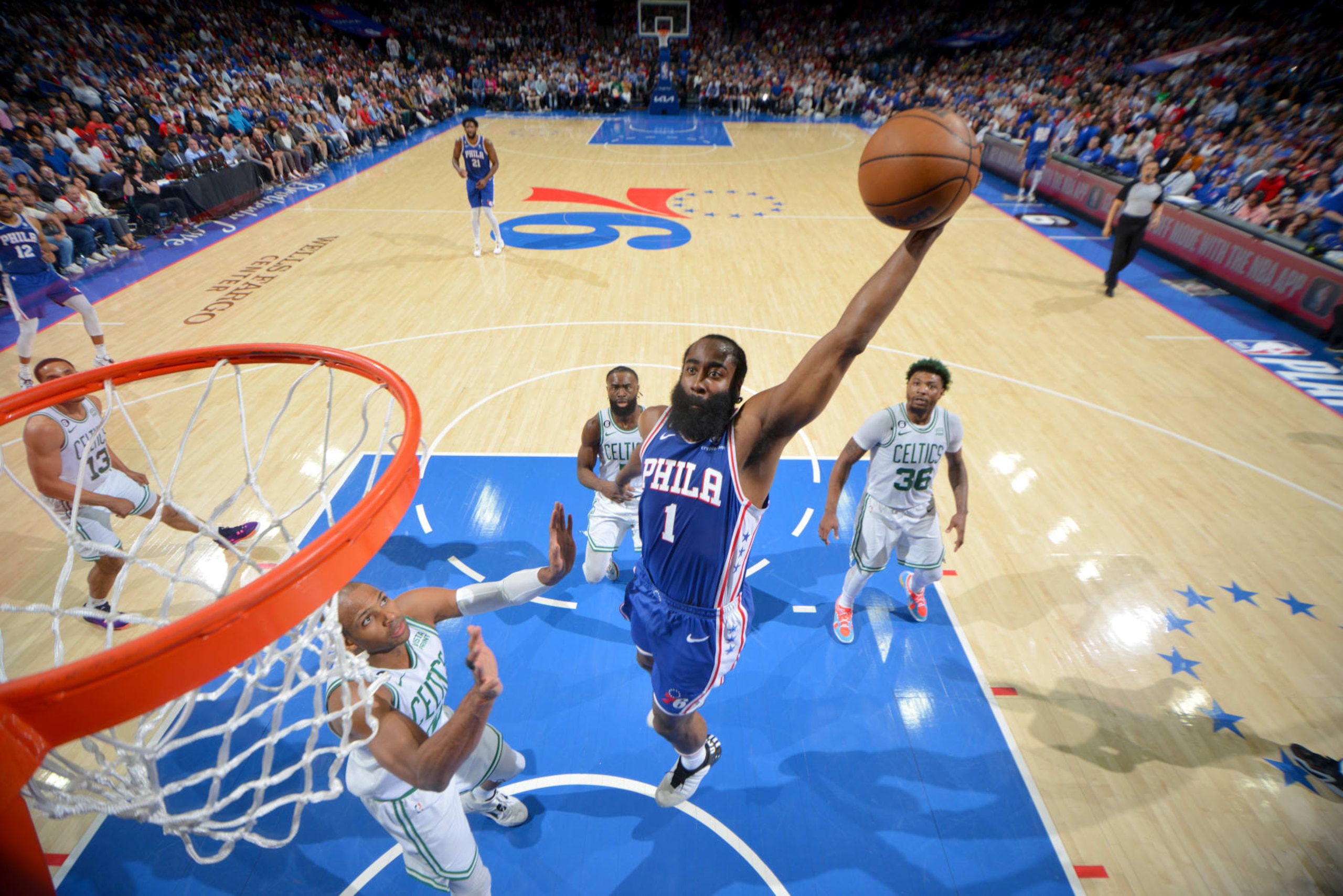 PHILADELPHIA, PA - MAY 11: James Harden #1 of the Philadelphia 76ers drives to the basket during the game against the Boston Celtics during Game 6 of the 2023 NBA Playoffs Eastern Conference semi-finals on May 11, 2023 at the Wells Fargo Center in Philadelphia, Pennsylvania NOTE TO USER: User expressly acknowledges and agrees that, by downloading and/or using this Photograph, user is consenting to the terms and conditions of the Getty Images License Agreement. Mandatory Copyright Notice: Copyright 2023 NBAE (Photo by Jesse D. Garrabrant/NBAE via Getty Images)