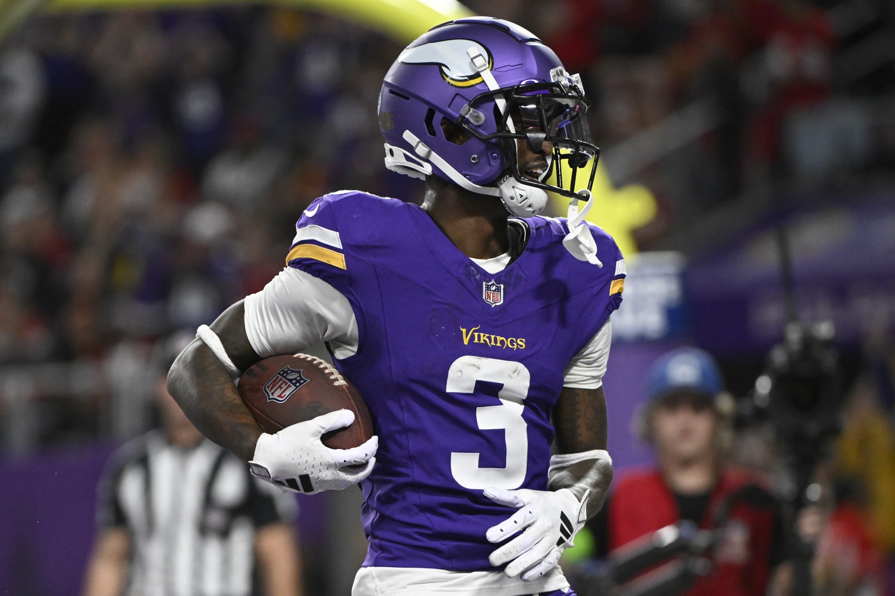 MINNEAPOLIS, MINNESOTA - OCTOBER 23: Jordan Addison #3 of the Minnesota Vikings celebrates his first half touchdown against the San Francisco 49ers at U.S. Bank Stadium on October 23, 2023 in Minneapolis, Minnesota. (Photo by Stephen Maturen/Getty Images)