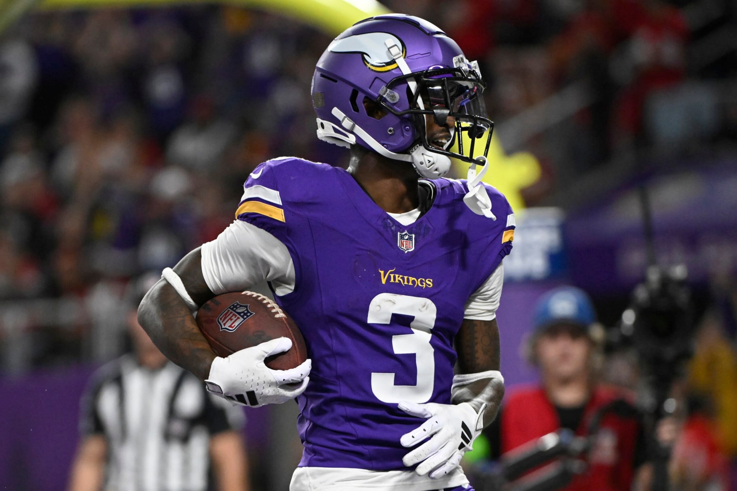 MINNEAPOLIS, MINNESOTA - OCTOBER 23: Jordan Addison #3 of the Minnesota Vikings celebrates his first half touchdown against the San Francisco 49ers at U.S. Bank Stadium on October 23, 2023 in Minneapolis, Minnesota. (Photo by Stephen Maturen/Getty Images)