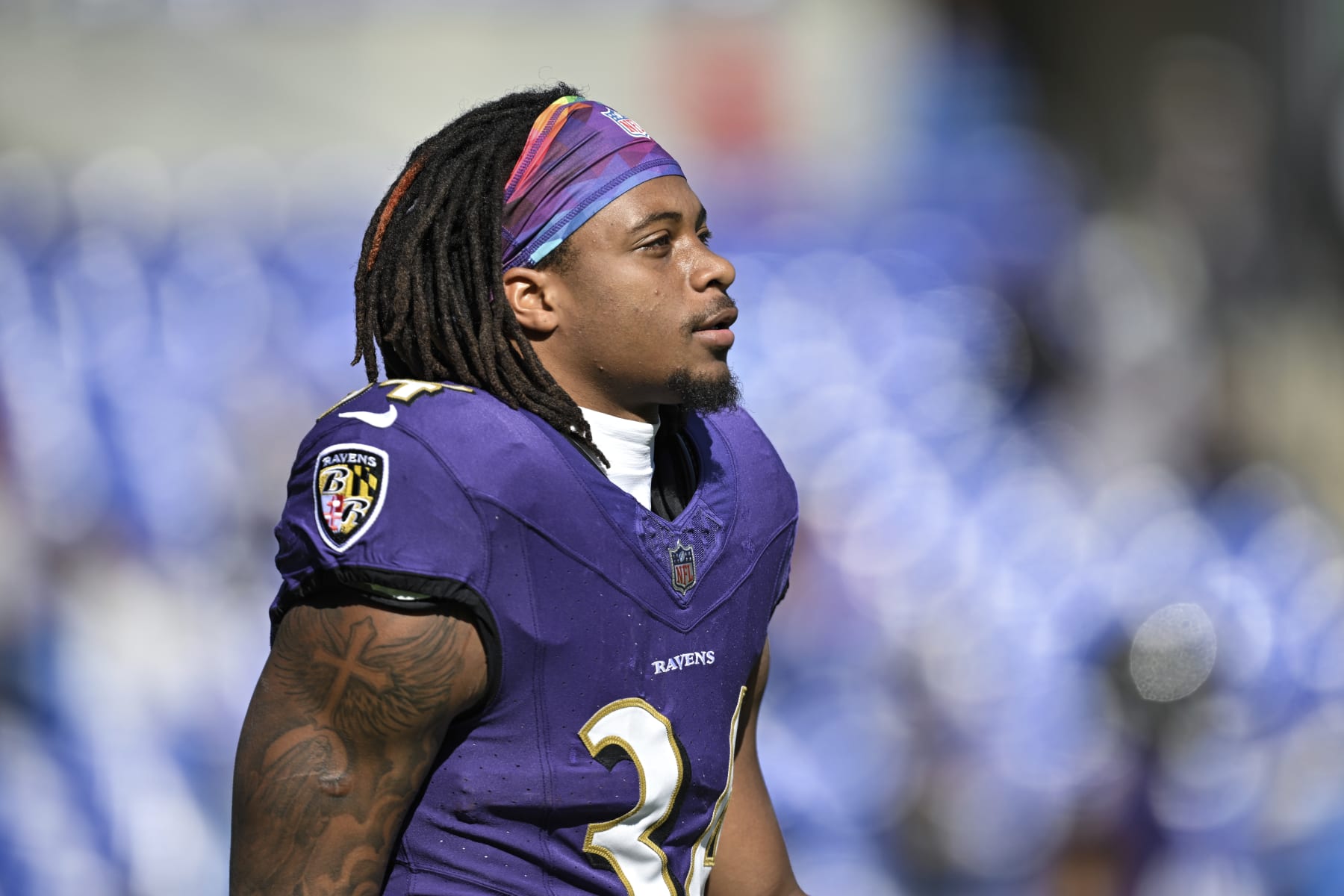 Baltimore Ravens running back Keaton Mitchell looks on during pre-game warm-ups before an NFL football game against the Detroit Lions, Sunday, Oct. 22, 2023, in Baltimore. (AP Photo/Terrance Williams)