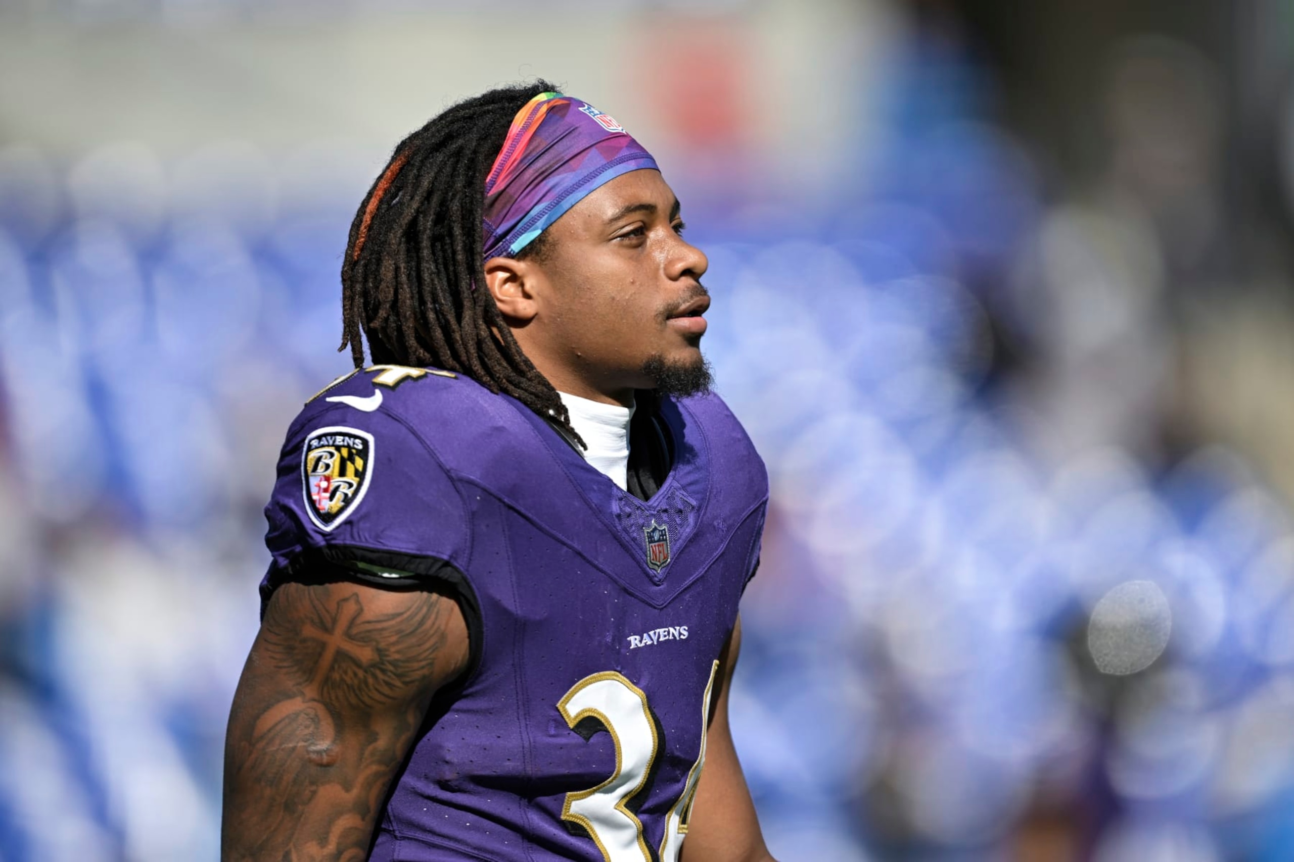 Baltimore Ravens running back Keaton Mitchell looks on during pre-game warm-ups before an NFL football game against the Detroit Lions, Sunday, Oct. 22, 2023, in Baltimore. (AP Photo/Terrance Williams)