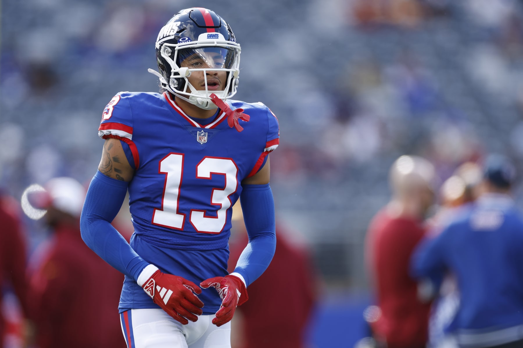 EAST RUTHERFORD, NEW JERSEY - OCTOBER 22: Jalin Hyatt #13 of the New York Giants warms up prior to a game against the Washington Commanders at MetLife Stadium on October 22, 2023 in East Rutherford, New Jersey. (Photo by Sarah Stier/Getty Images)