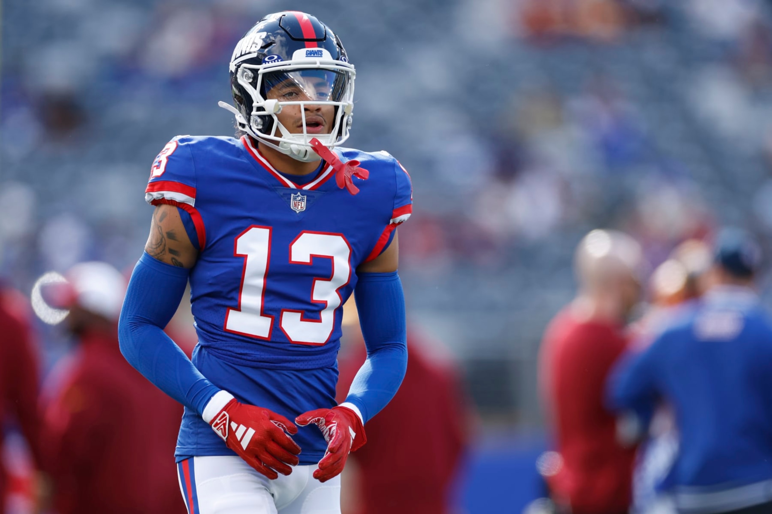 EAST RUTHERFORD, NEW JERSEY - OCTOBER 22: Jalin Hyatt #13 of the New York Giants warms up prior to a game against the Washington Commanders at MetLife Stadium on October 22, 2023 in East Rutherford, New Jersey. (Photo by Sarah Stier/Getty Images)