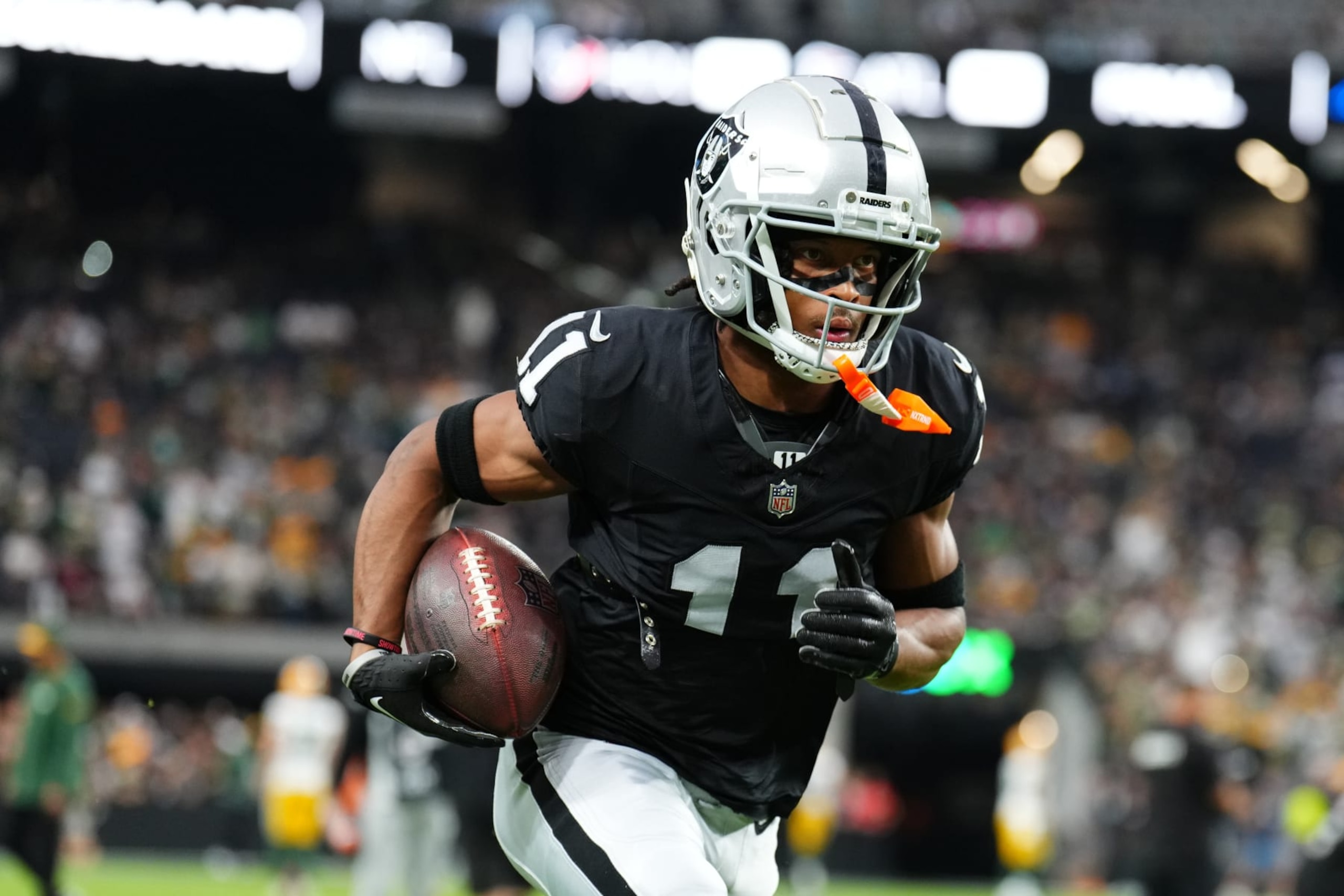 LAS VEGAS, NEVADA - OCTOBER 09: Wide receiver Tre Tucker #11 of the Las Vegas Raiders warms up before a game against the Green Bay Packers at Allegiant Stadium on October 09, 2023 in Las Vegas, Nevada. (Photo by Chris Unger/Getty Images)