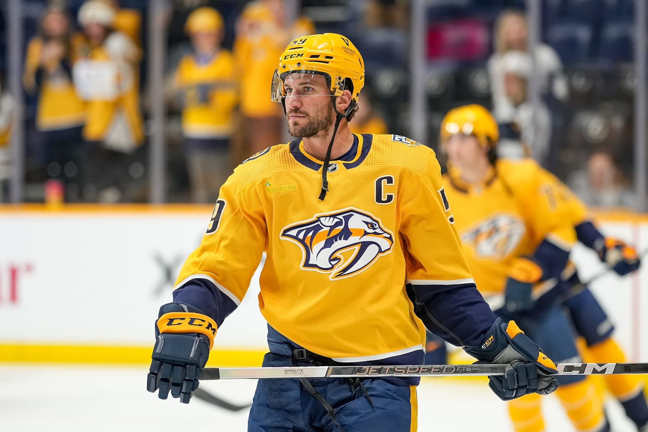 NASHVILLE, TENNESSEE - OCTOBER 21: Roman Josi #59 of the Nashville Predators skates against the San Jose Sharks during an NHL game at Bridgestone Arena on October 21, 2023 in Nashville, Tennessee. (Photo by John Russell/NHLI via Getty Images)