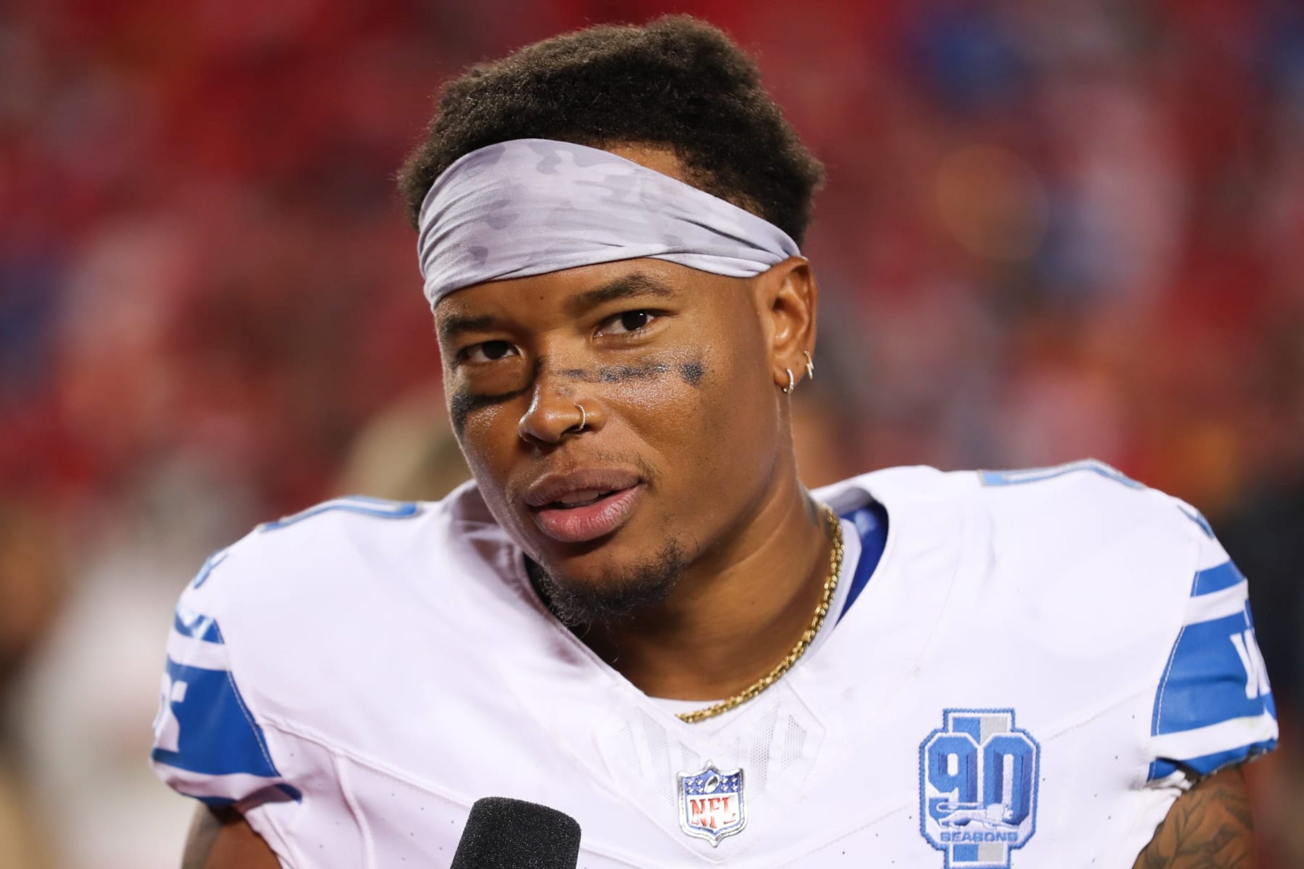 KANSAS CITY, MO - SEPTEMBER 07: Detroit Lions wide receiver Marvin Jones Jr. (0) is interviewed after an NFL game between the Detroit Lions and Kansas City Chiefs on Sep 7, 2023 at GEHA Field at Arrowhead Stadium in Kansas City, MO. (Photo by Scott Winters/Icon Sportswire via Getty Images)