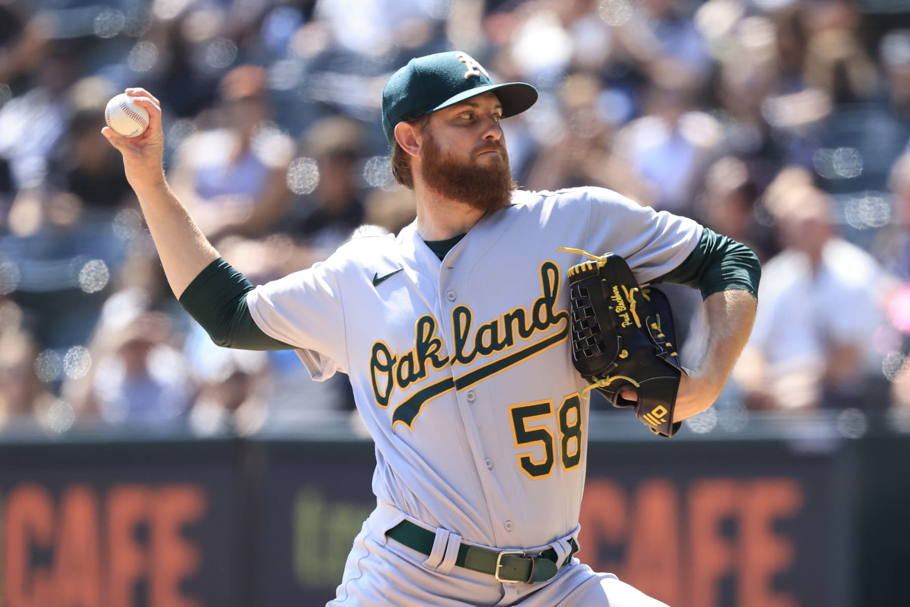 CHICAGO, ILLINOIS - AUGUST 27: Paul Blackburn #58 of the Oakland Athletics pitches in the game against the Chicago White Sox at Guaranteed Rate Field on August 27, 2023 in Chicago, Illinois. (Photo by Justin Casterline/Getty Images)
