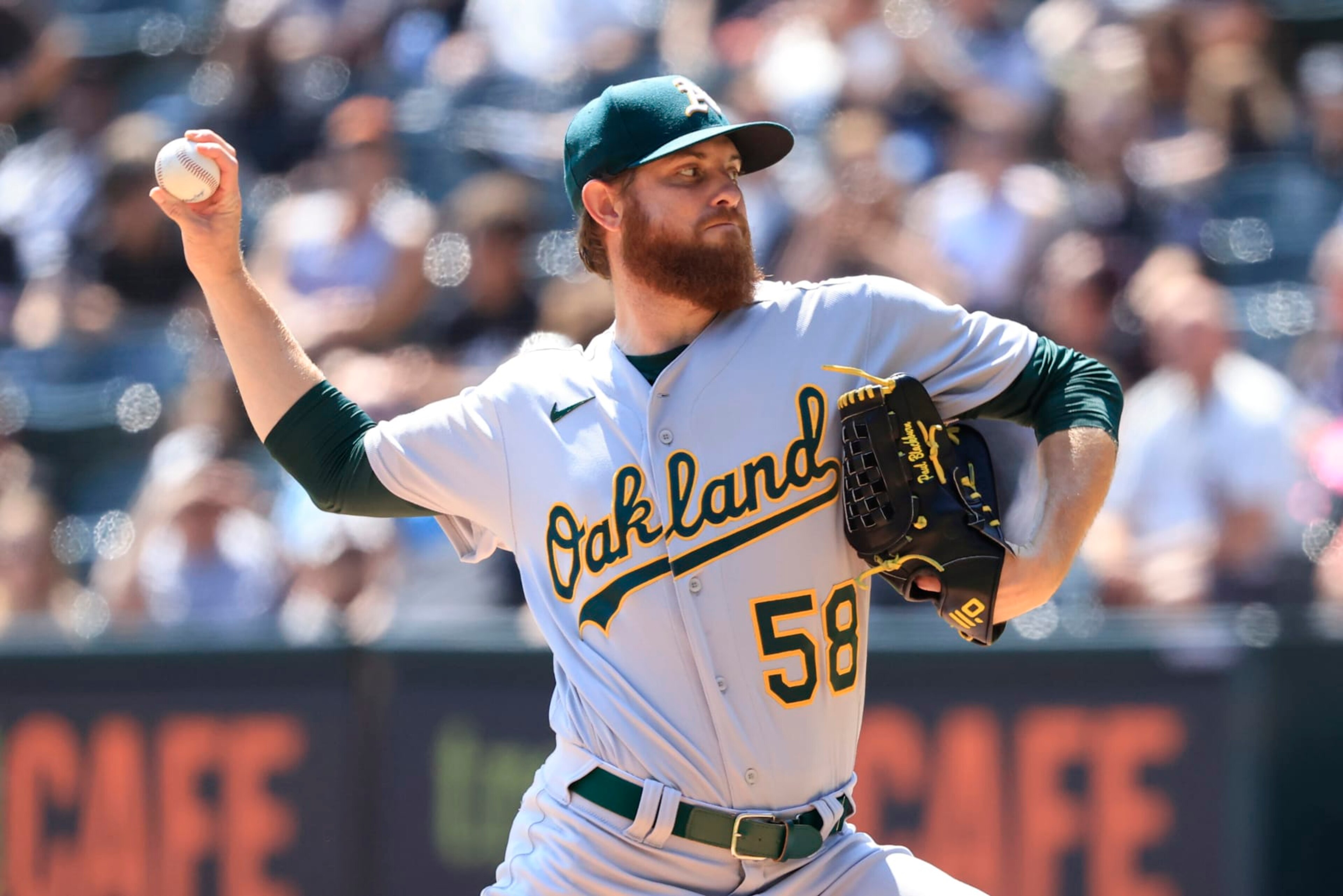 CHICAGO, ILLINOIS - AUGUST 27: Paul Blackburn #58 of the Oakland Athletics pitches in the game against the Chicago White Sox at Guaranteed Rate Field on August 27, 2023 in Chicago, Illinois. (Photo by Justin Casterline/Getty Images)