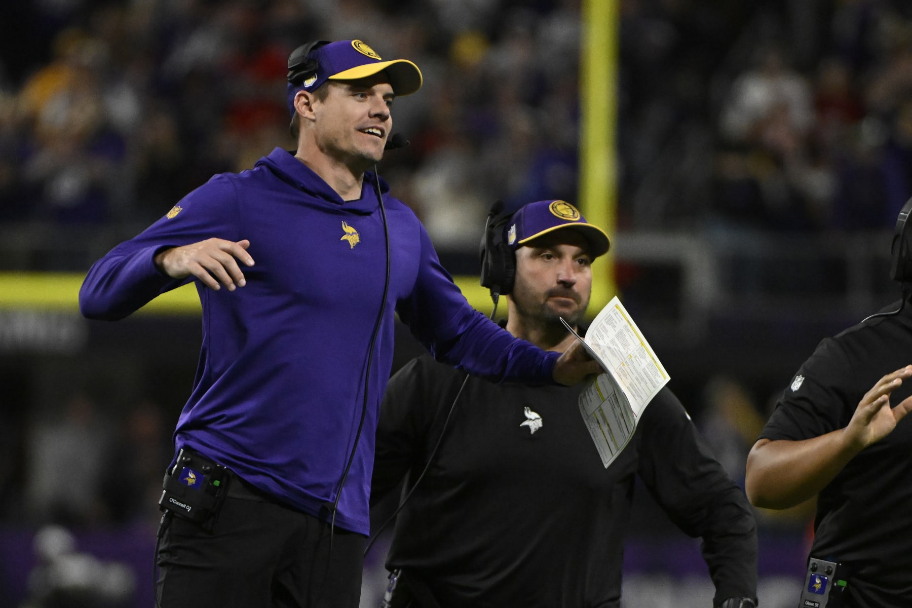 MINNEAPOLIS, MINNESOTA - OCTOBER 23: Head coach Kevin O'Connell of the Minnesota Vikings reacts in the first half while playing the San Francisco 49ers at U.S. Bank Stadium on October 23, 2023 in Minneapolis, Minnesota. (Photo by Stephen Maturen/Getty Images)