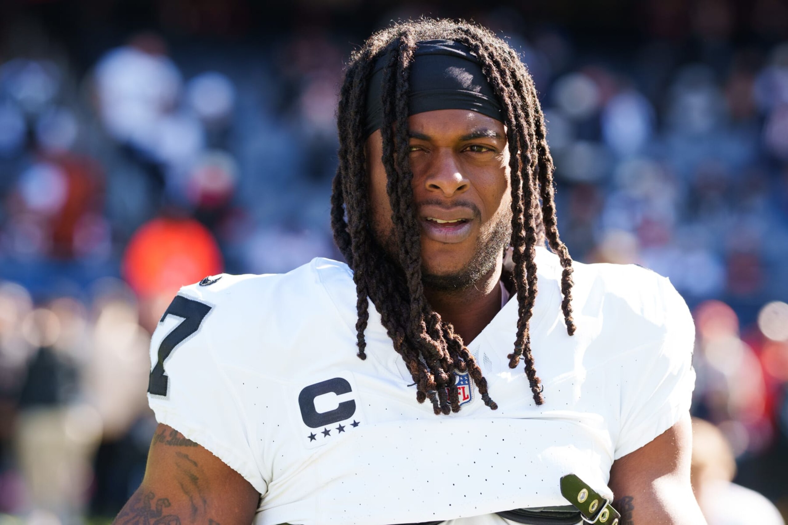 CHICAGO, IL - OCTOBER 22: Wide receiver Davante Adams #17 of the Las Vegas Raiders looks on prior to an NFL football game against the Chicago Bears at Soldier Field on October 22, 2023 in Chicago, IL. (Photo by Todd Rosenberg/Getty Images)