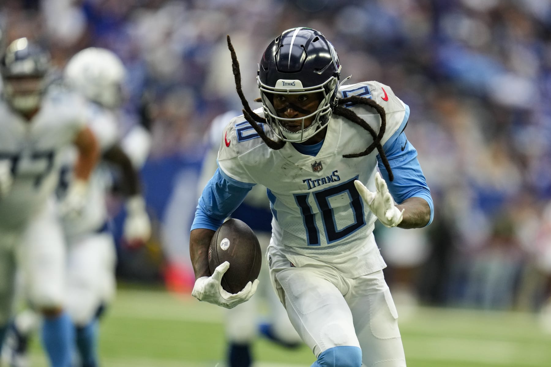 Tennessee Titans wide receiver DeAndre Hopkins (10) runs against the Indianapolis Colts during an NFL football game in Indianapolis, Sunday, Oct. 8, 2023. (AP Photo/Michael Conroy)