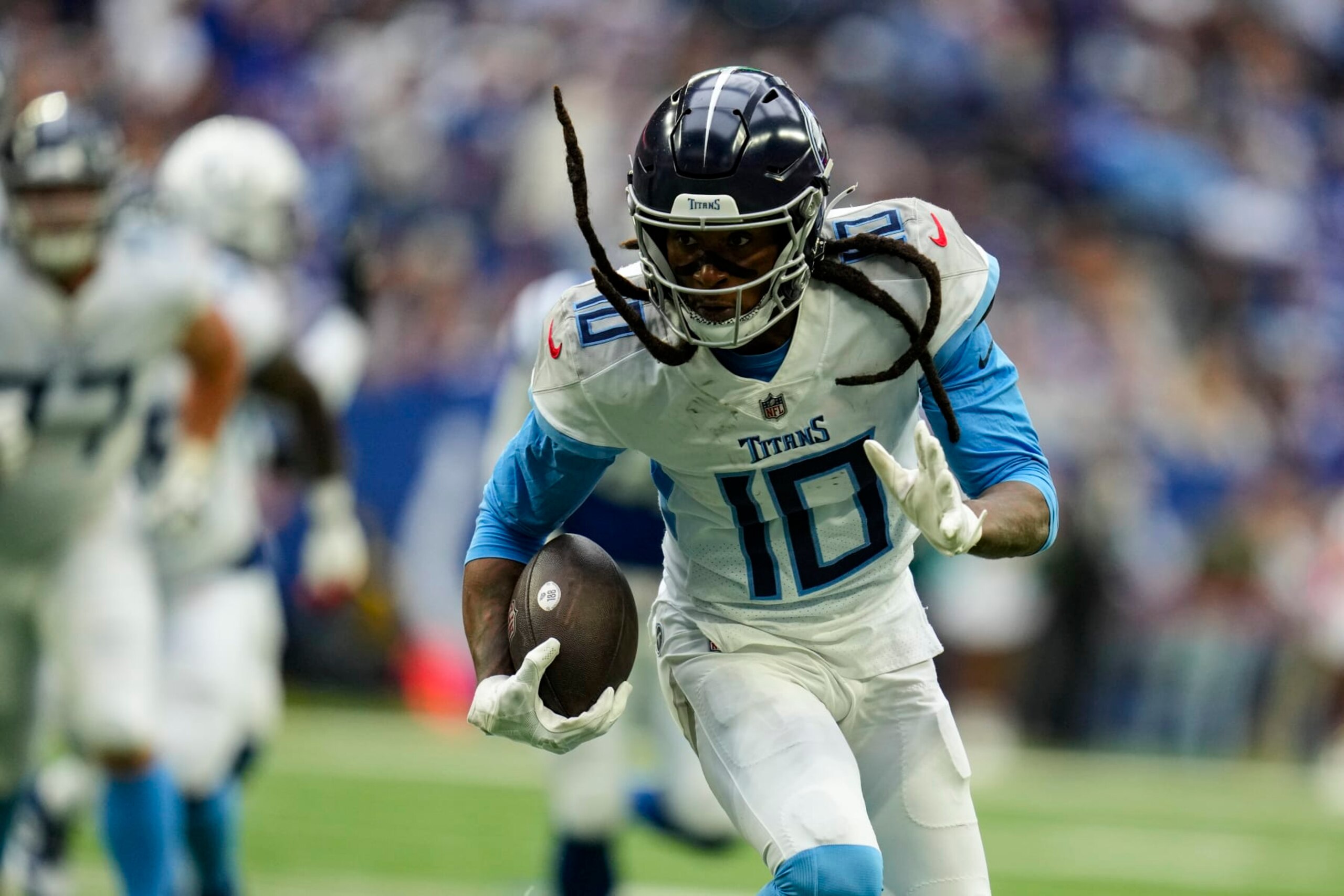 Tennessee Titans wide receiver DeAndre Hopkins (10) runs against the Indianapolis Colts during an NFL football game in Indianapolis, Sunday, Oct. 8, 2023. (AP Photo/Michael Conroy)