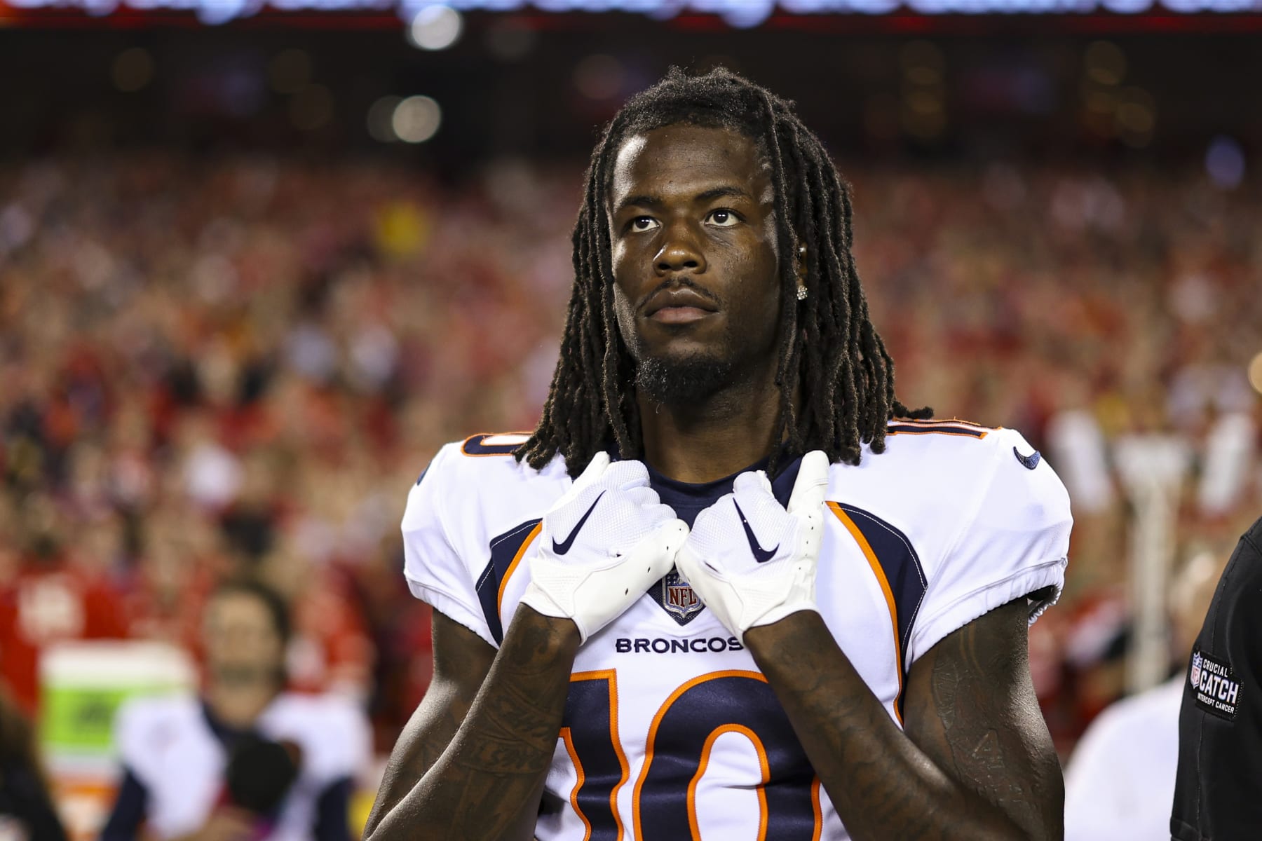 KANSAS CITY, MO - OCTOBER 12: Jerry Jeudy #10 of the Denver Broncos looks on from the sideline during the national anthem prior to an NFL football game against the Kansas City Chiefs at GEHA Field at Arrowhead Stadium on October 12, 2023 in Kansas City, Missouri. (Photo by Perry Knotts/Getty Images)
