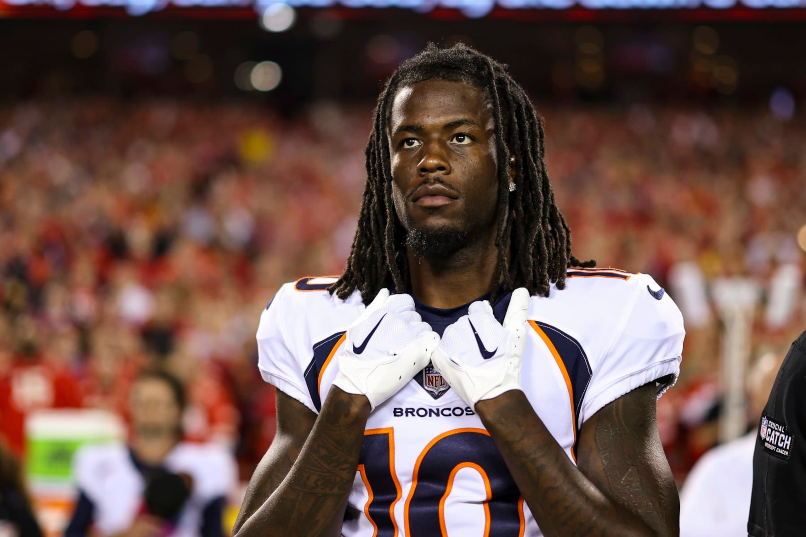 KANSAS CITY, MO - OCTOBER 12: Jerry Jeudy #10 of the Denver Broncos looks on from the sideline during the national anthem prior to an NFL football game against the Kansas City Chiefs at GEHA Field at Arrowhead Stadium on October 12, 2023 in Kansas City, Missouri. (Photo by Perry Knotts/Getty Images)