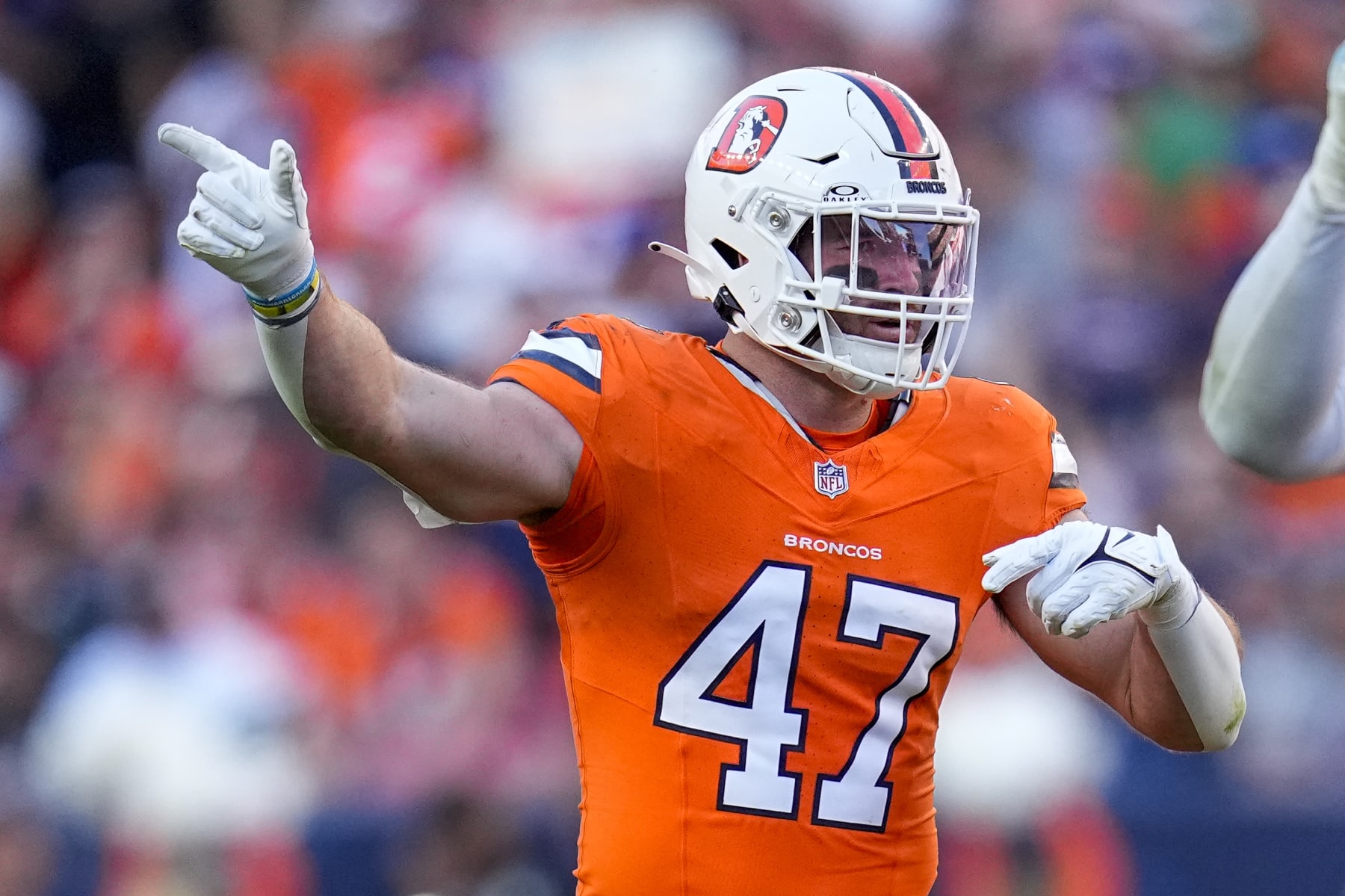Denver Broncos linebacker Josey Jewell (47) signals against the New York Jets during an NFL football game Sunday, Oct. 8, 2023, in Denver. (AP Photo/Jack Dempsey)