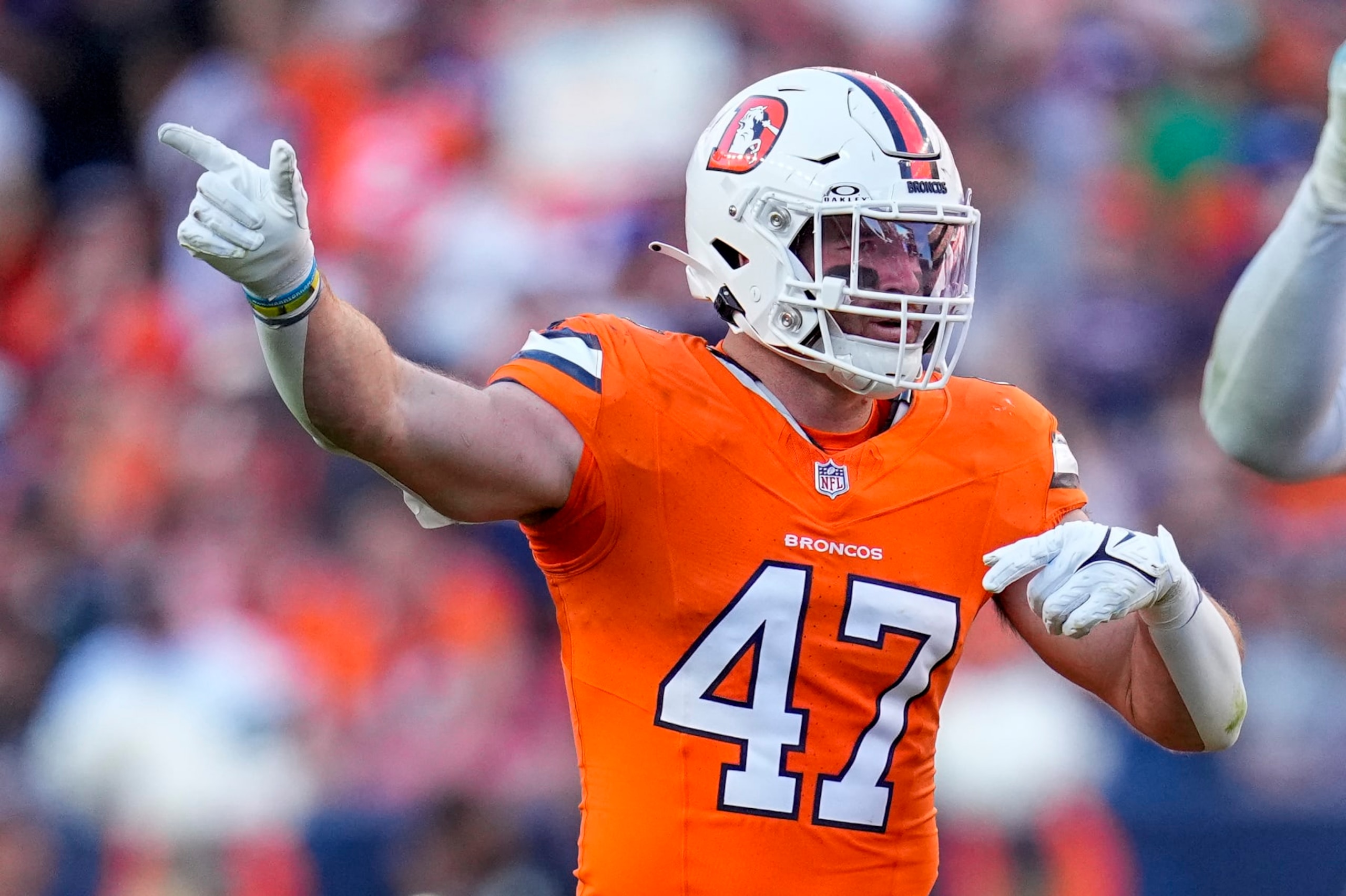 Denver Broncos linebacker Josey Jewell (47) signals against the New York Jets during an NFL football game Sunday, Oct. 8, 2023, in Denver. (AP Photo/Jack Dempsey)