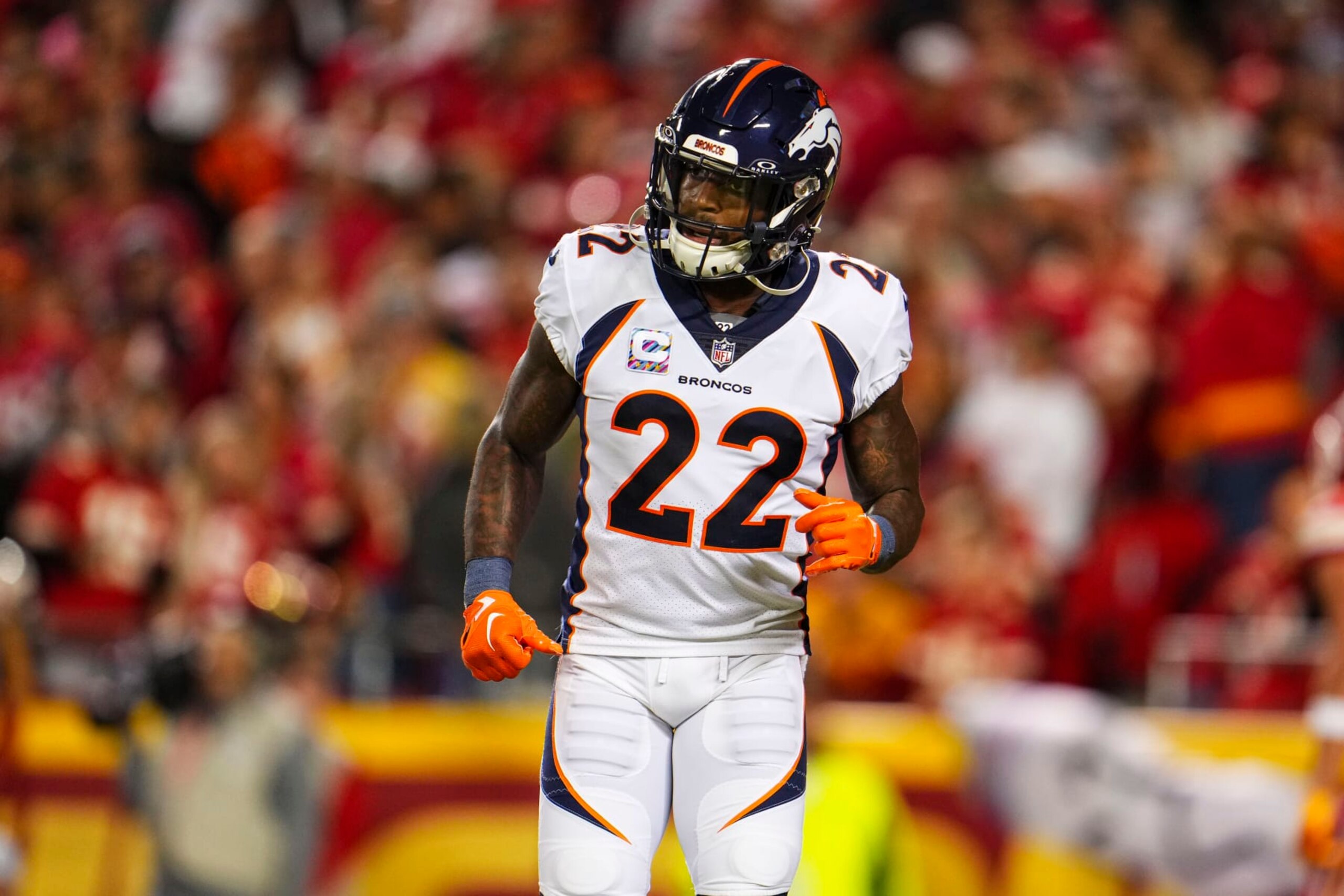KANSAS CITY, MO - OCTOBER 12: Kareem Jackson #22 of the Denver Broncos runs across the field during an NFL football game against the Kansas City Chiefs at GEHA Field at Arrowhead Stadium on October 12, 2023 in Kansas City, Missouri. (Photo by Cooper Neill/Getty Images) KANSAS CITY, MO - OCTOBER 12: Kareem Jackson #22 of the Denver Broncos runs across the field during an NFL football game against the Kansas City Chiefs at GEHA Field at Arrowhead Stadium on October 12, 2023 in Kansas City, Missouri. (Photo by Cooper Neill/Getty Images)