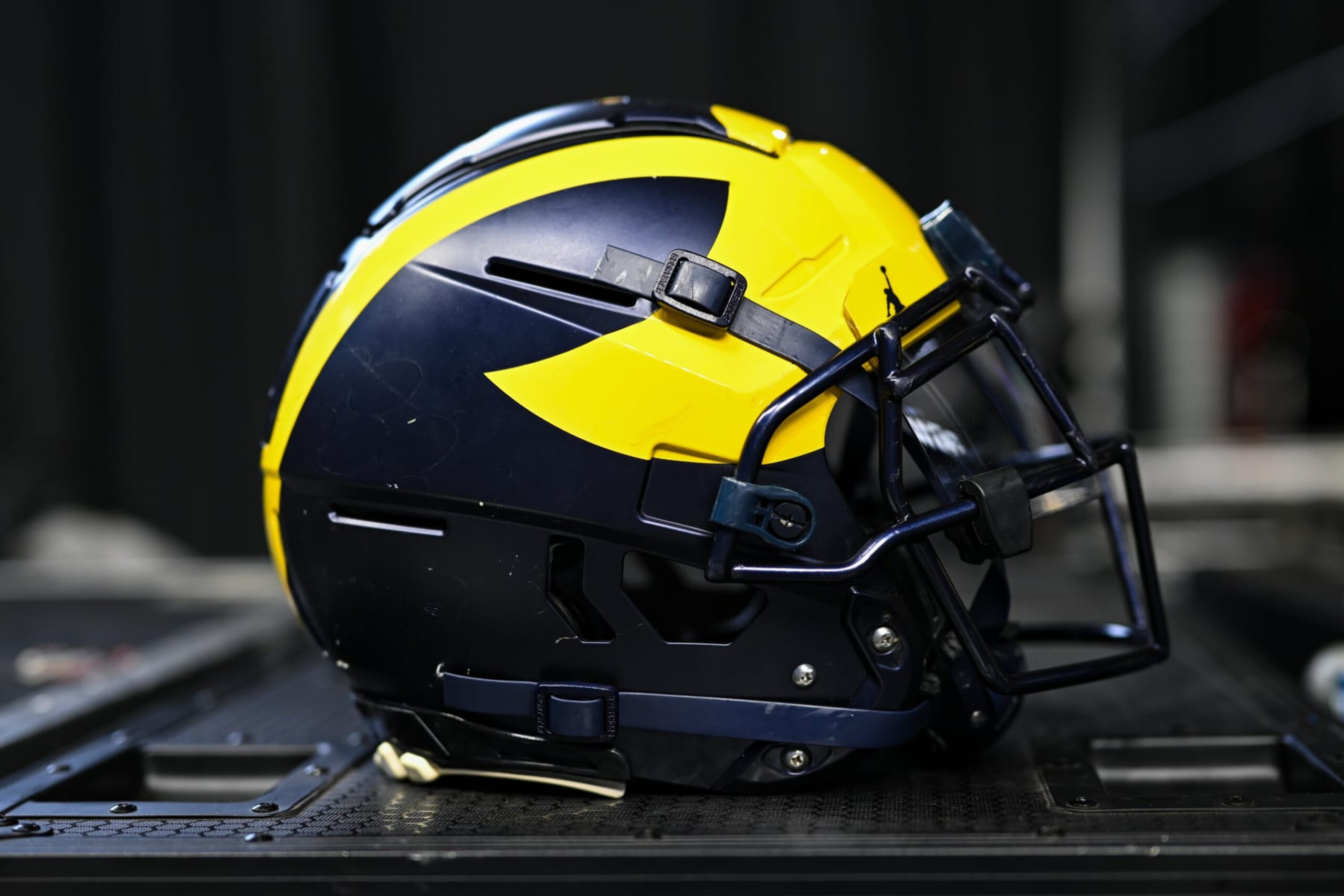 INDIANAPOLIS, IN - JULY 27: A Michigan Wolverines football helmet  during the Big Ten Conference Media Days on July 27, 2023 at Lucas Oil Stadium in Indianapolis, IN (Photo by James Black/Icon Sportswire via Getty Images)