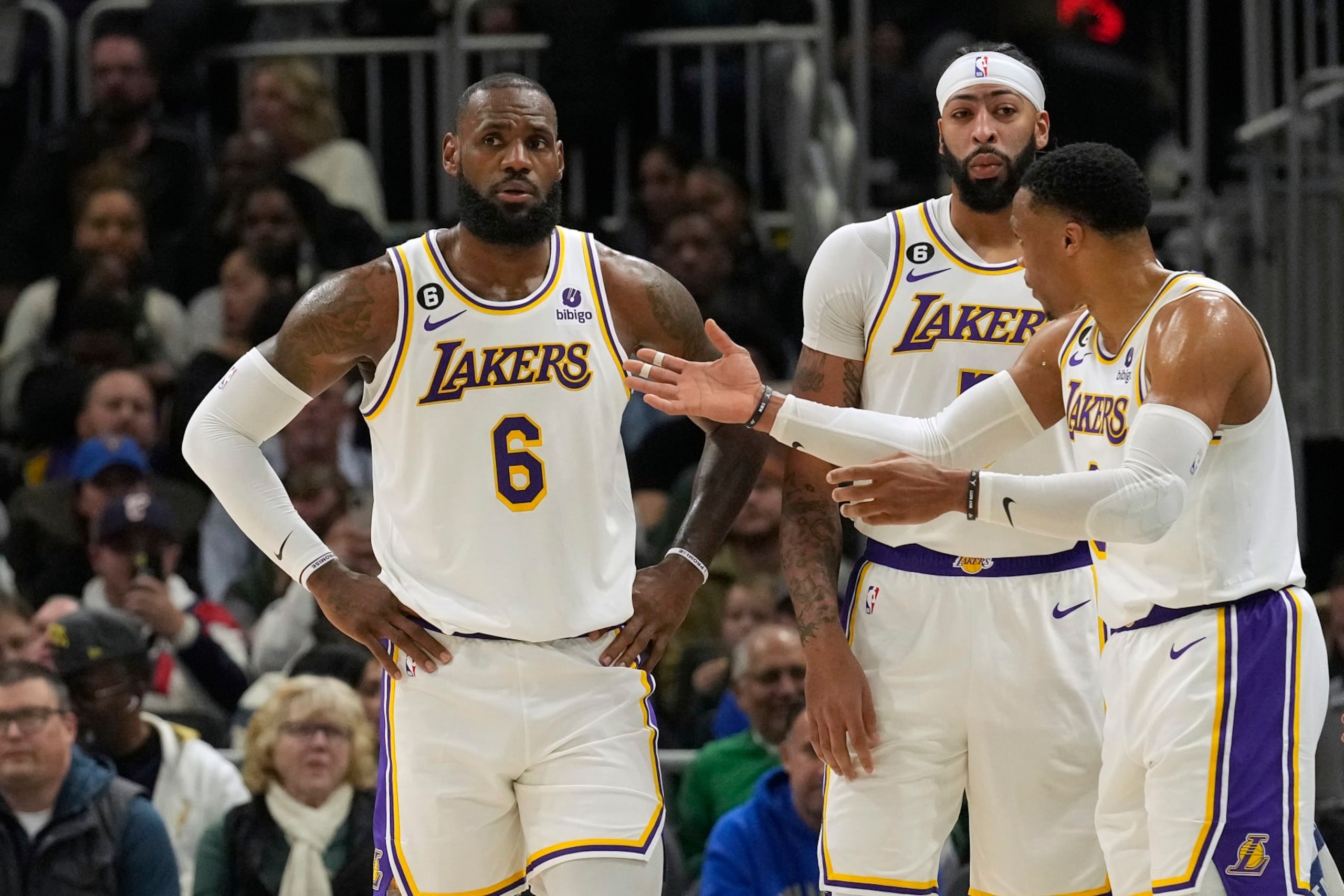 MILWAUKEE, WISCONSIN - DECEMBER 02: LeBron James #6, Anthony Davis #3 and Russell Westbrook #0 of the Los Angeles Lakers talk during the first half against the Milwaukee Bucks at Fiserv Forum on December 02, 2022 in Milwaukee, Wisconsin. NOTE TO USER: User expressly acknowledges and agrees that, by downloading and or using this photograph, User is consenting to the terms and conditions of the Getty Images License Agreement. (Photo by Patrick McDermott/Getty Images) MILWAUKEE, WISCONSIN - DECEMBER 02: LeBron James #6, Anthony Davis #3 and Russell Westbrook #0 of the Los Angeles Lakers talk during the first half against the Milwaukee Bucks at Fiserv Forum on December 02, 2022 in Milwaukee, Wisconsin. NOTE TO USER: User expressly acknowledges and agrees that, by downloading and or using this photograph, User is consenting to the terms and conditions of the Getty Images License Agreement. (Photo by Patrick McDermott/Getty Images)