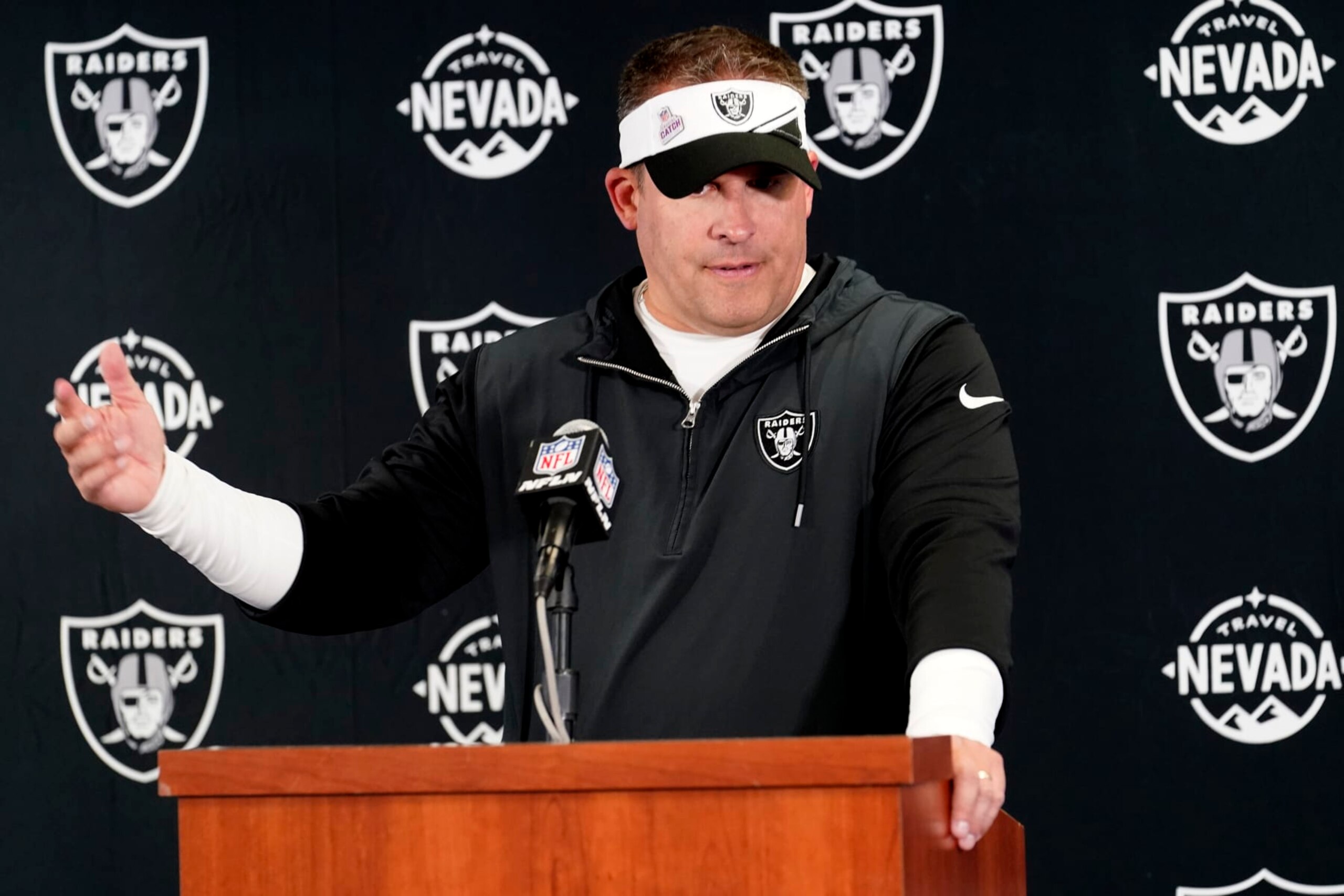 Las Vegas Raiders head coach Josh McDaniels responds to a question after an NFL football game against the Chicago Bears Sunday, Oct. 22, 2023, in Chicago. (AP Photo/Charles Rex Arbogast) Las Vegas Raiders head coach Josh McDaniels responds to a question after an NFL football game against the Chicago Bears Sunday, Oct. 22, 2023, in Chicago. (AP Photo/Charles Rex Arbogast)