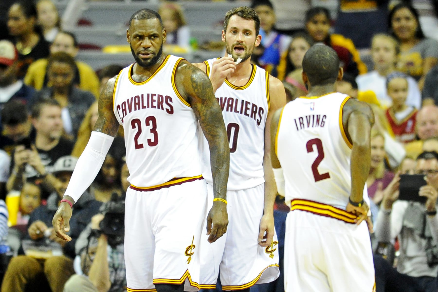 CLEVELAND, OH - OCTOBER 29, 2016: LeBron James #23 of the Cleveland Cavaliers talks with Kyrie Irving #2 in the first half of a game against the Orlando Magic at Quicken Loans Arena on October 29, 2016 in Cleveland, Ohio. (Photo by: 2016 Nick Cammett/Diamond Images via Getty Images)