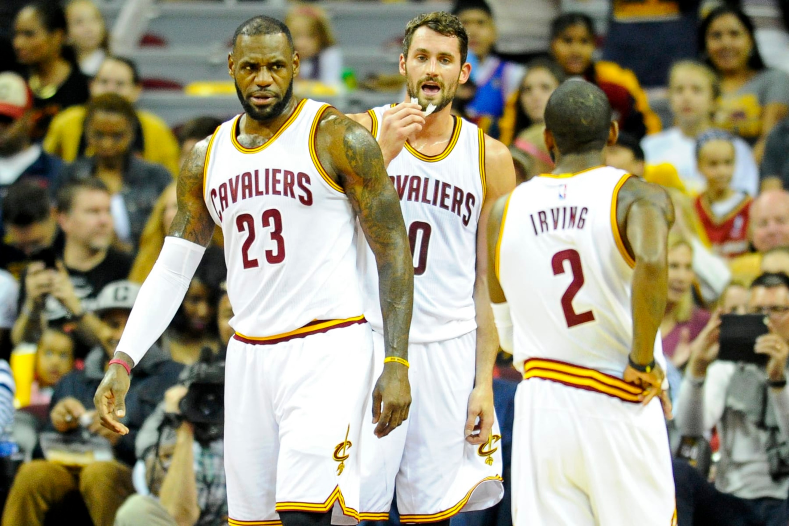 CLEVELAND, OH - OCTOBER 29, 2016: LeBron James #23 of the Cleveland Cavaliers talks with Kyrie Irving #2 in the first half of a game against the Orlando Magic at Quicken Loans Arena on October 29, 2016 in Cleveland, Ohio. (Photo by: 2016 Nick Cammett/Diamond Images via Getty Images) CLEVELAND, OH - OCTOBER 29, 2016: LeBron James #23 of the Cleveland Cavaliers talks with Kyrie Irving #2 in the first half of a game against the Orlando Magic at Quicken Loans Arena on October 29, 2016 in Cleveland, Ohio. (Photo by: 2016 Nick Cammett/Diamond Images via Getty Images)