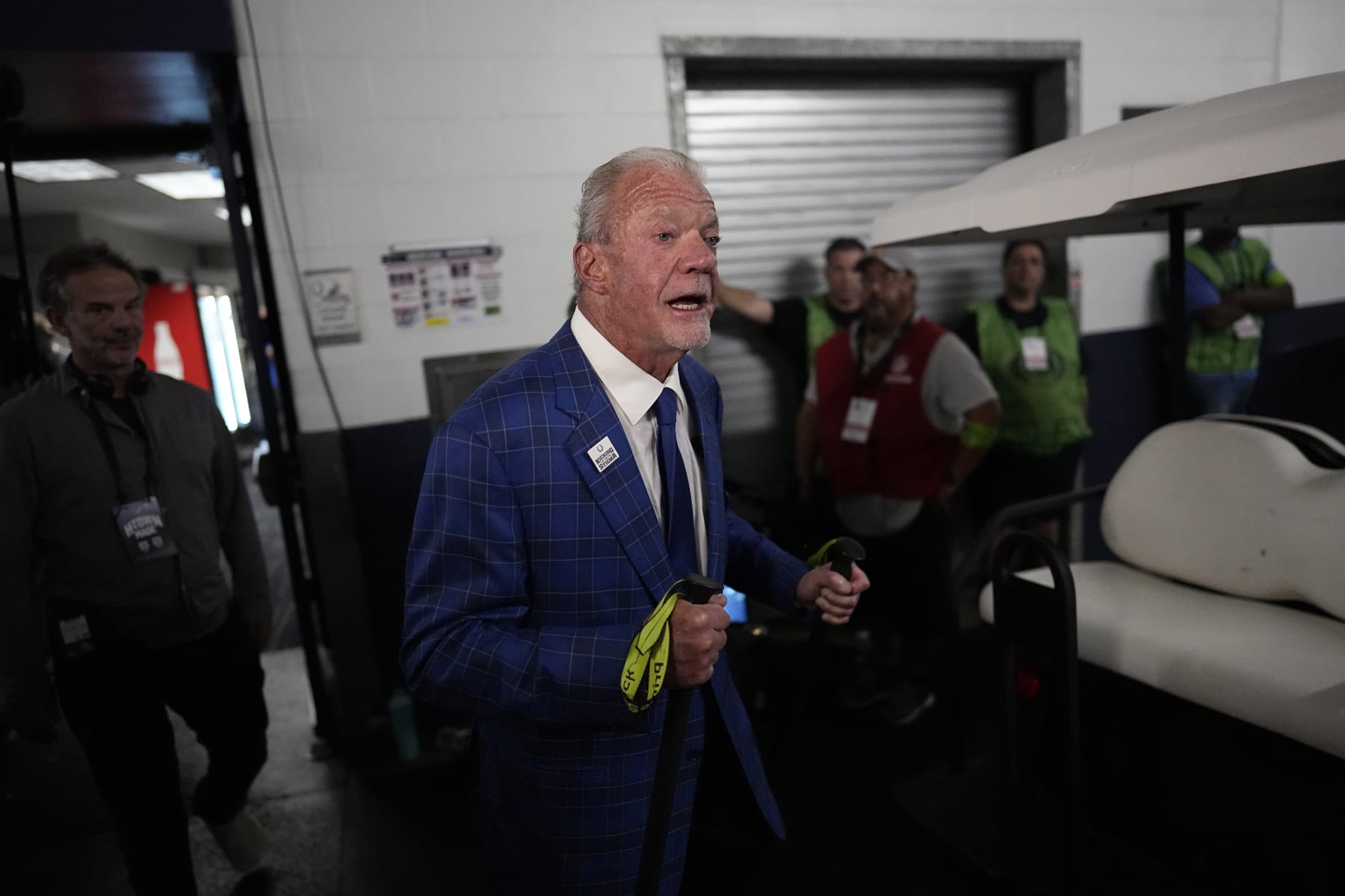 Indianapolis Colts owner Jim Irsay leaves the locker room after after an NFL football game against the Houston Texans Sunday, Sept. 17, 2023, in Houston. The Colts won 31-20. (AP Photo/David J. Phillip)